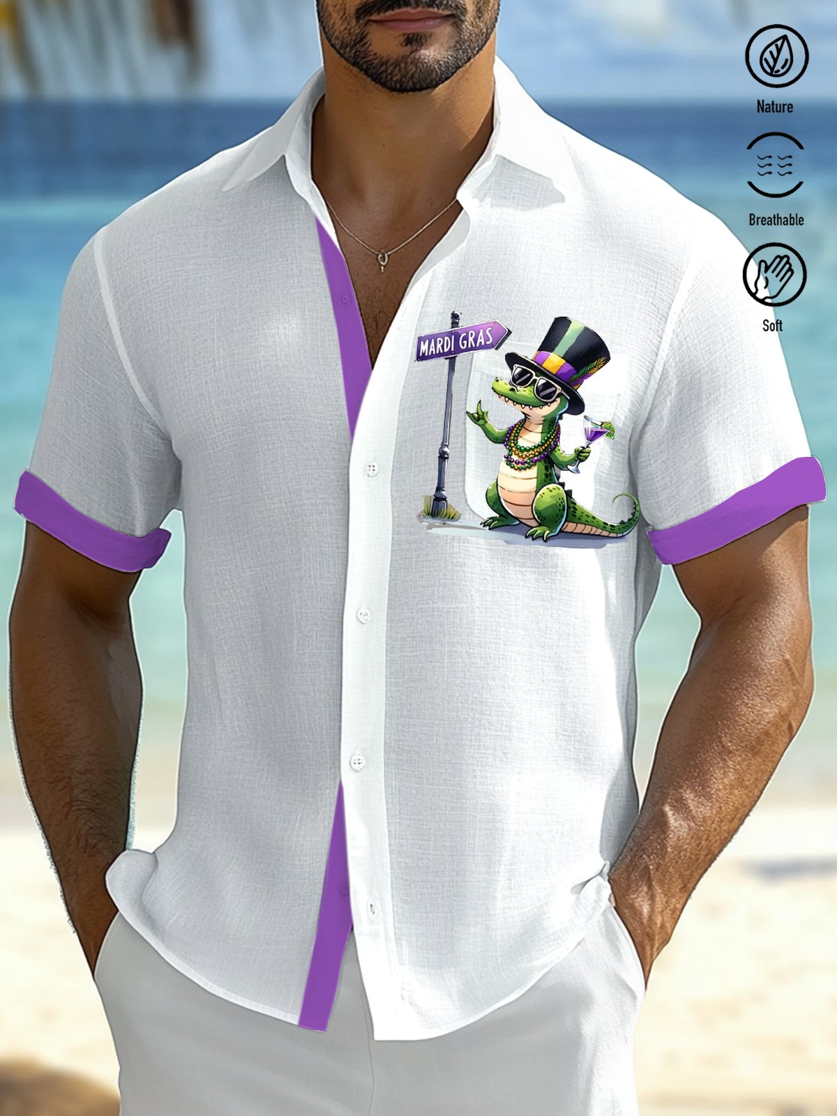 Royaura® Mardi Gras Cotton and Linen Crocodile Print Men's Button Pocket Short Sleeve Shirt Big & Tall