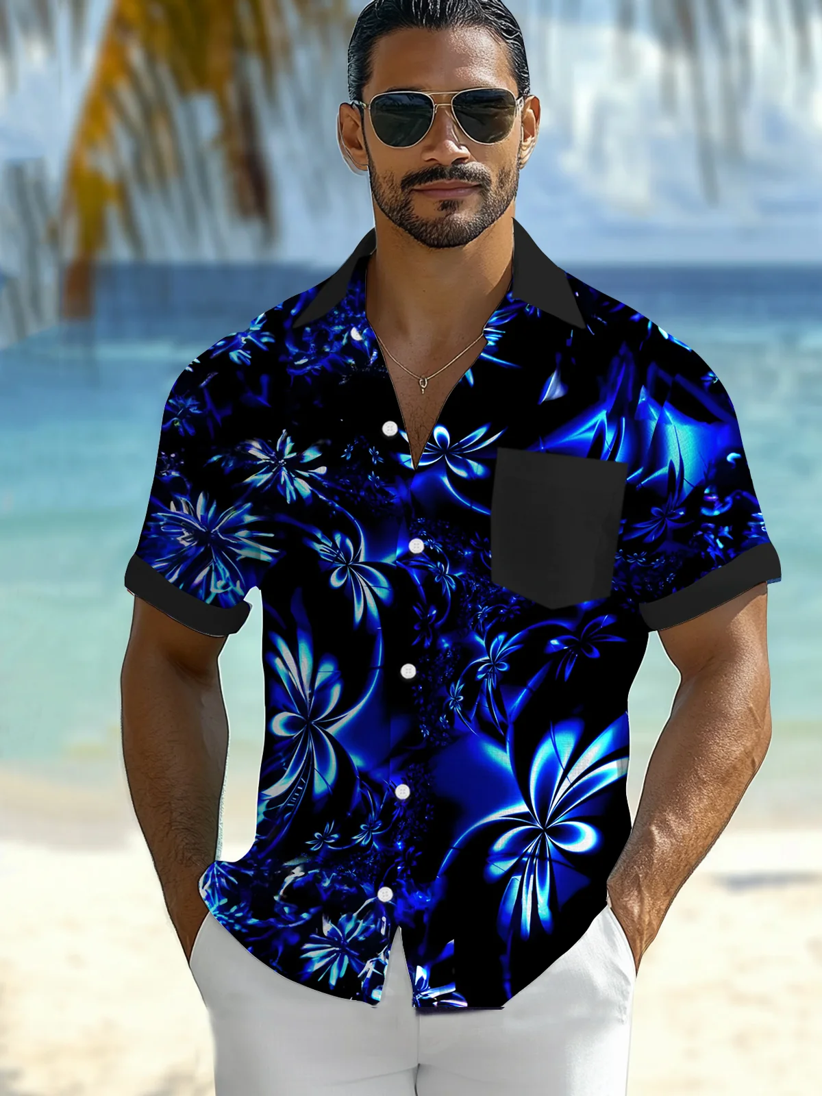 Royaura® Hawaiian Floral 3D Print Men's Button Pocket Short Sleeve Shirt