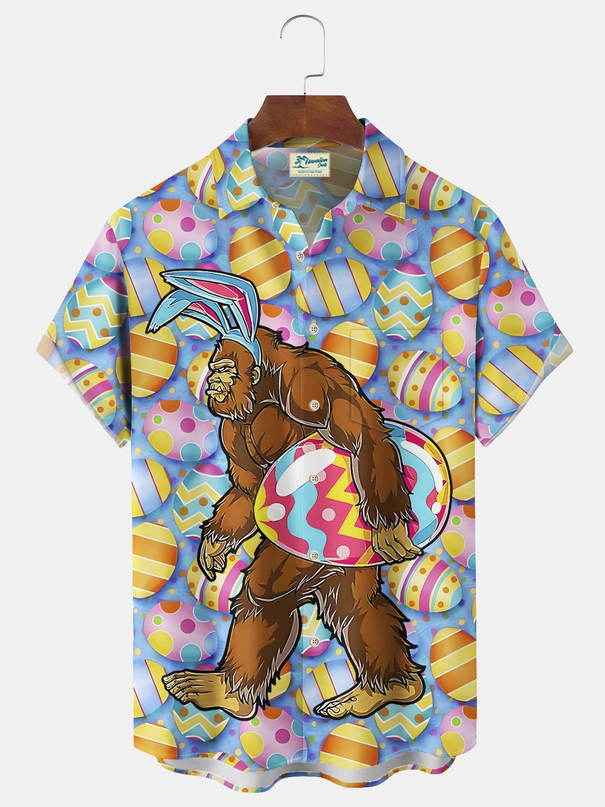 Royaura® Easter Bigfoot Egg Print Men's Chest Pocket Stretch Hawaiian Shirt Big Tall