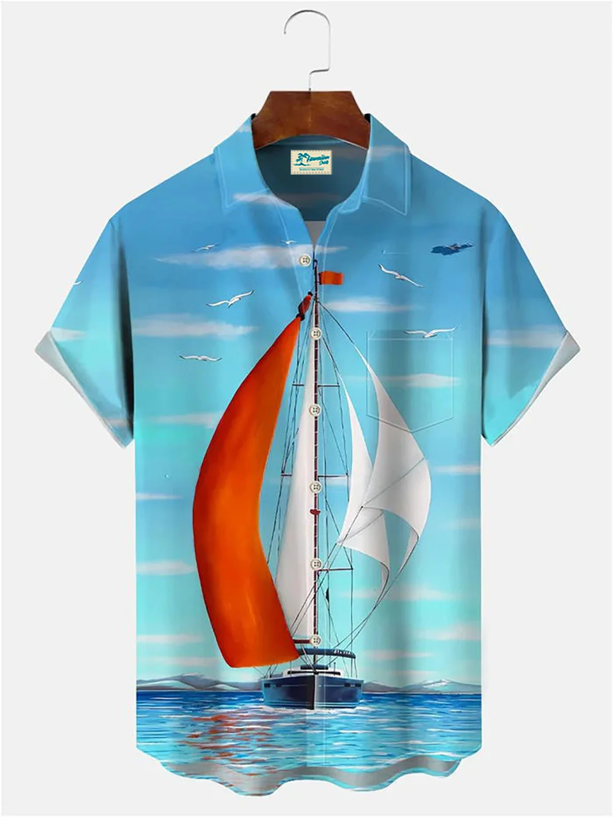 Royaura® Beach Vacation Men's Hawaiian Shirt Nautical Sailing Sailboat Print Pocket Camping Shirt Big Tall