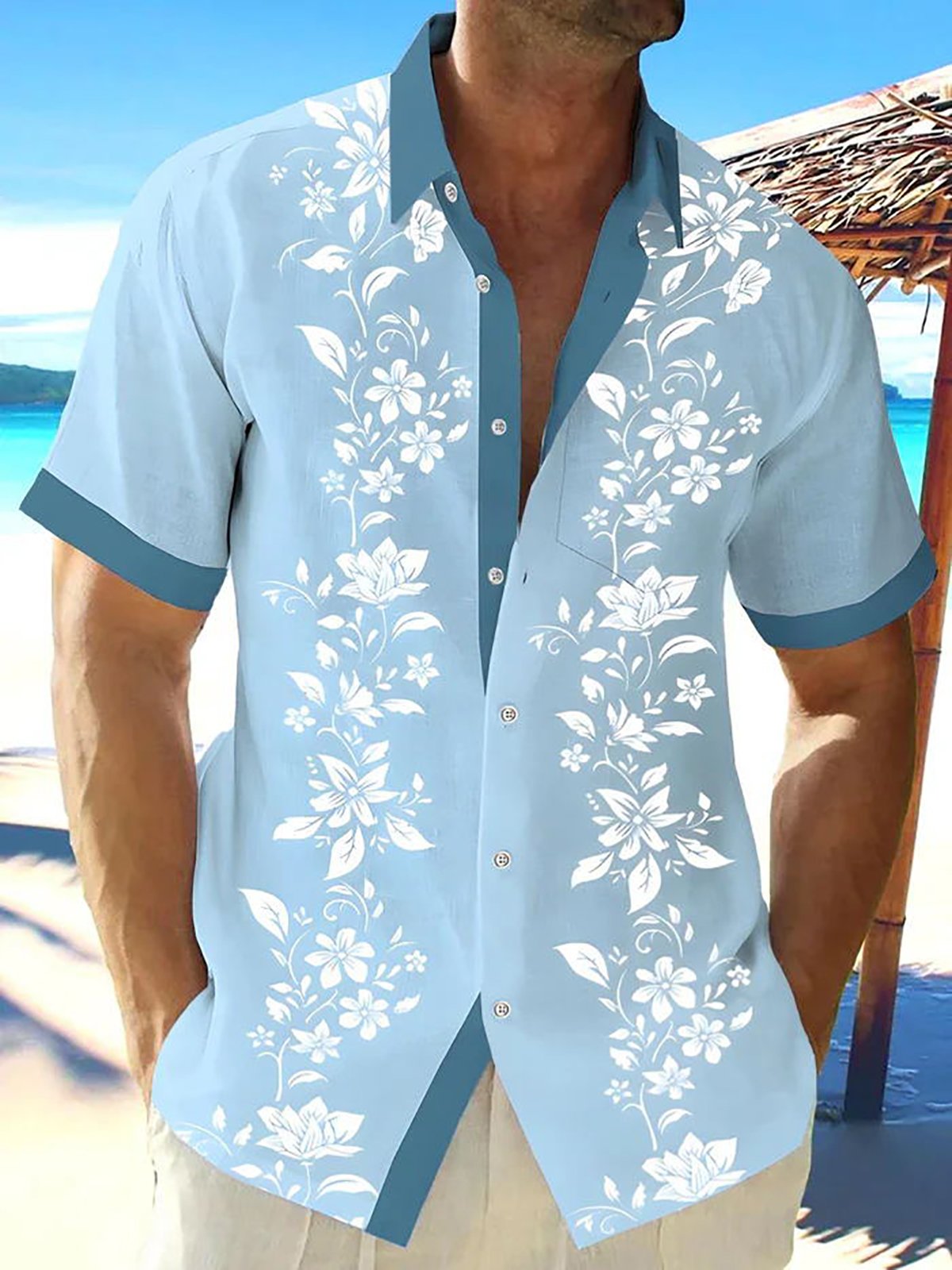 Royaura® Beach Vacation Men's Hawaiian Shirt Floral Print Pocket Camping Shirt Big Tall