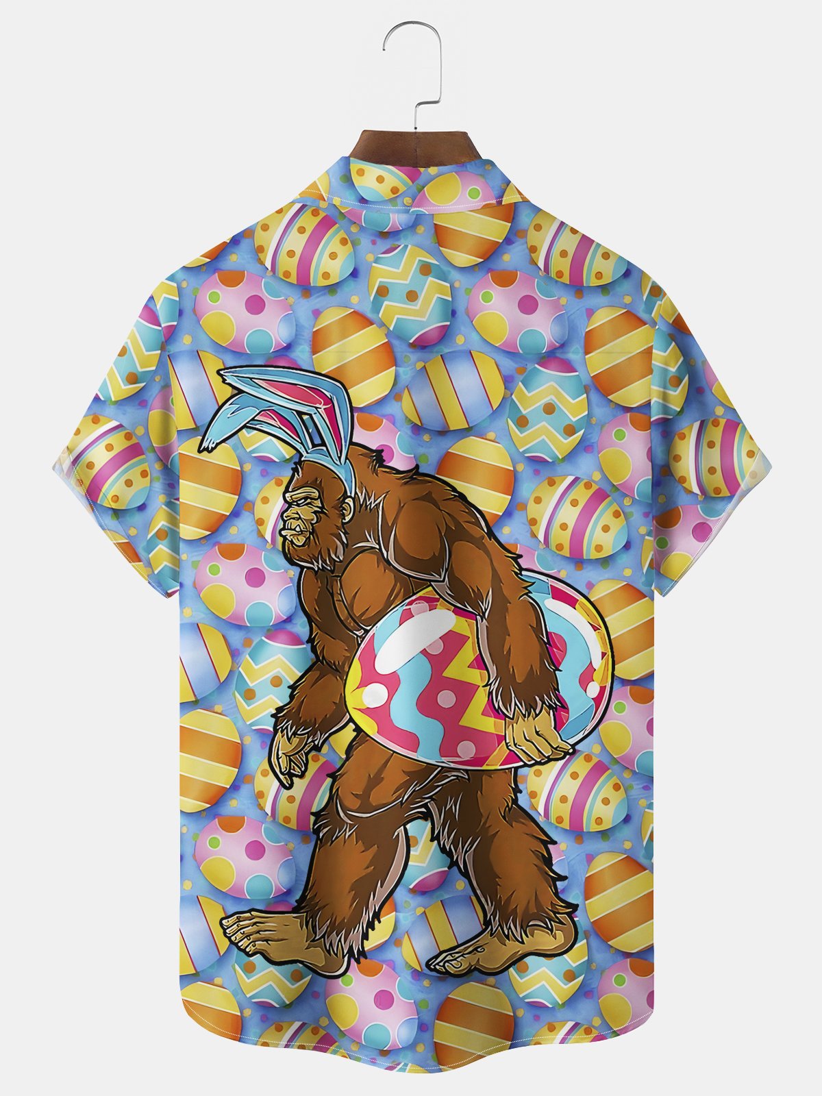 Royaura® Easter Bigfoot Egg Print Men's Chest Pocket Stretch Hawaiian Shirt Big Tall