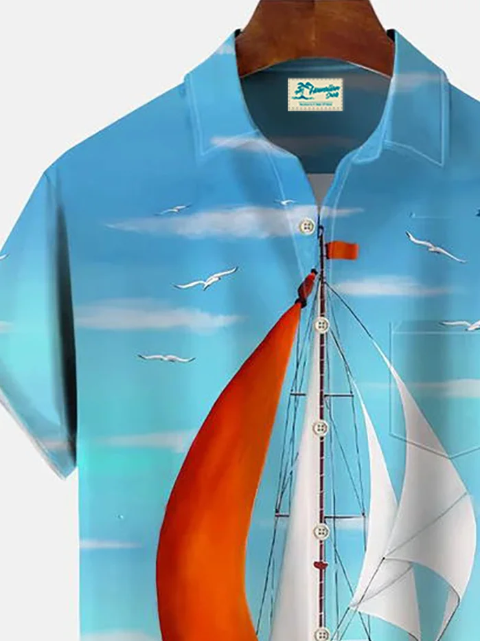 Royaura® Beach Vacation Men's Hawaiian Shirt Nautical Sailing Sailboat Print Pocket Camping Shirt Big Tall