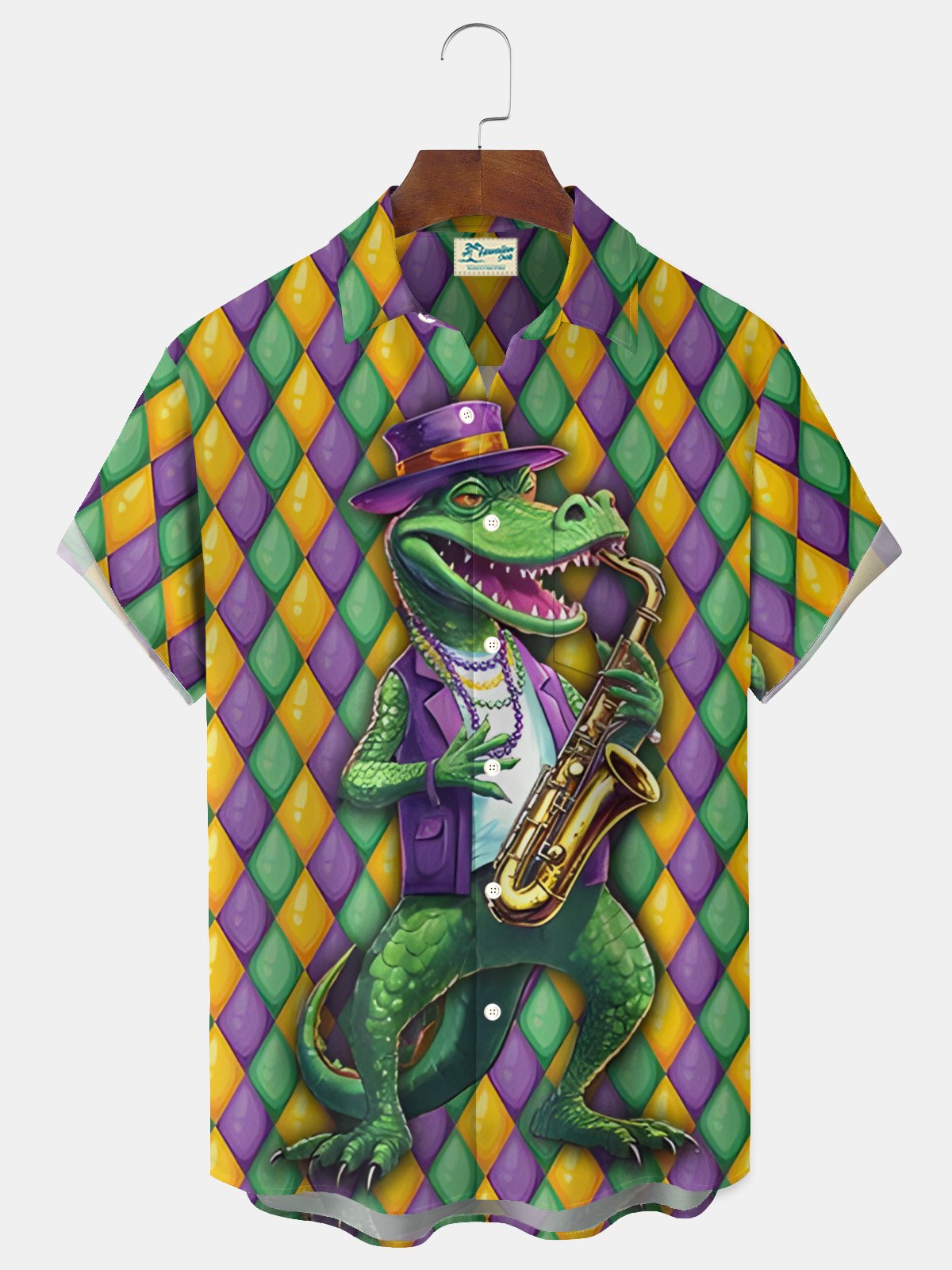 Royaura® Mardi Gras Alligator Jazz Print Men's Button Pocket Short Sleeve Shirt Big & Tall