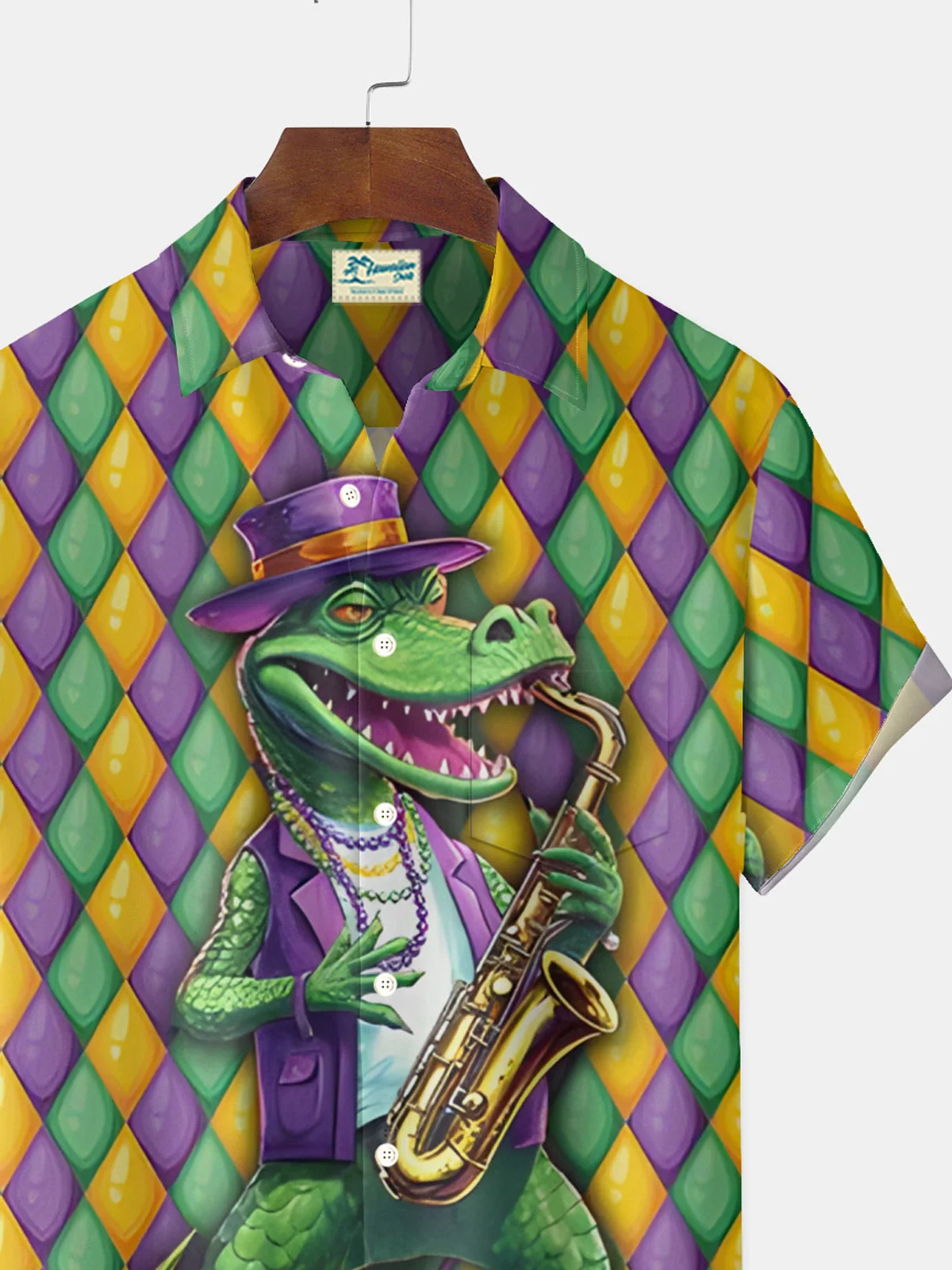 Royaura® Mardi Gras Alligator Jazz Print Men's Button Pocket Short Sleeve Shirt Big & Tall