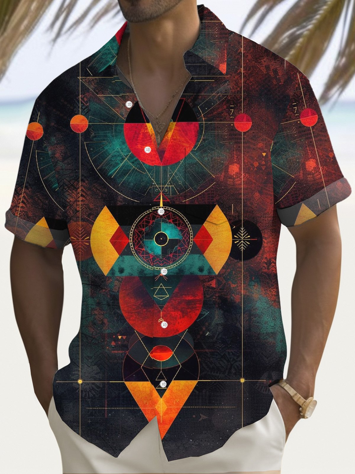 Royaura® Retro Gradient Art Geometric Print Men's Button Pocket Short Sleeve Shirt Big & Tall