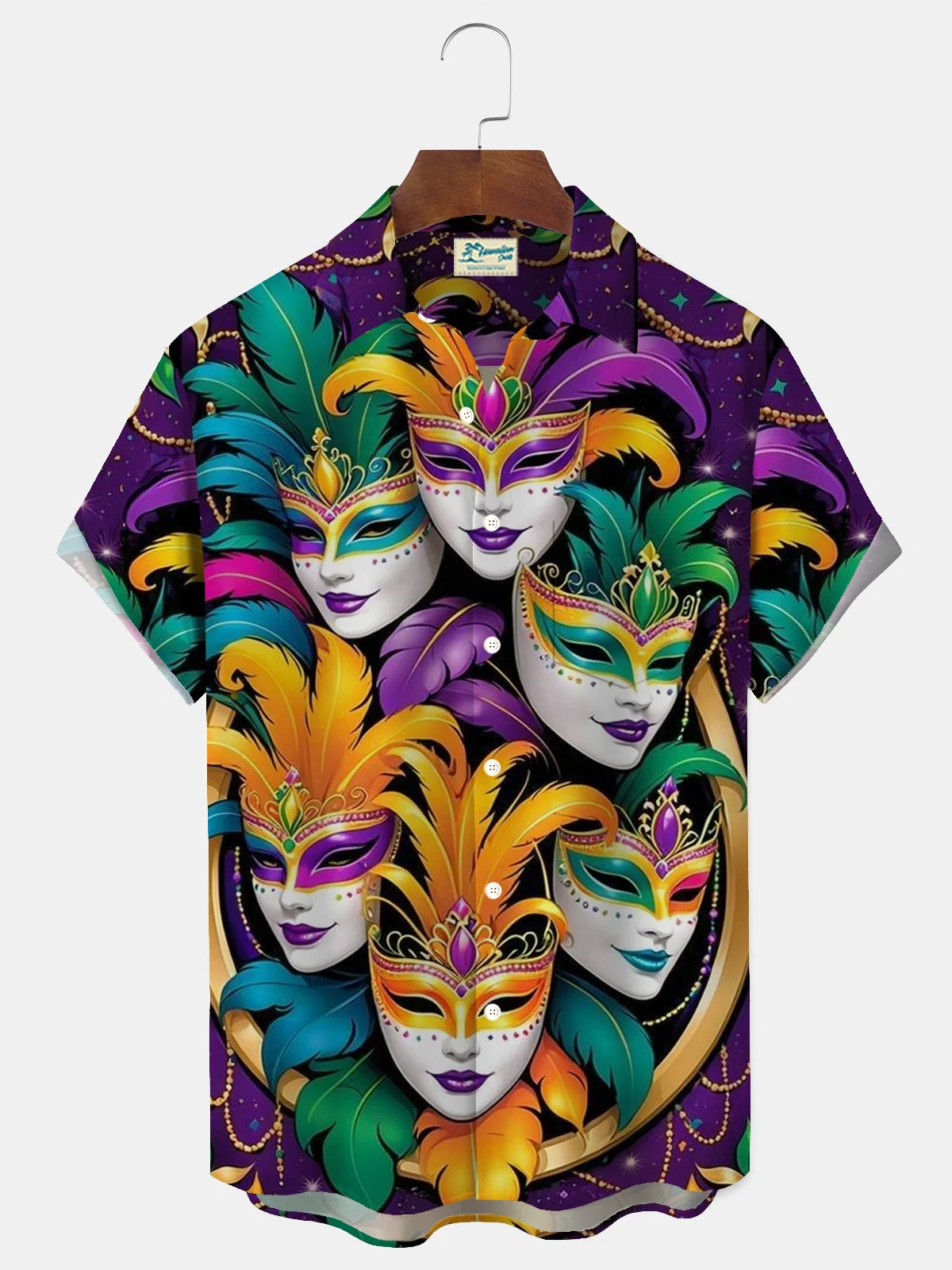 Royaura® Mardi Gras Mask Print Men's Button Pocket Short Sleeve Shirt Big & Tall