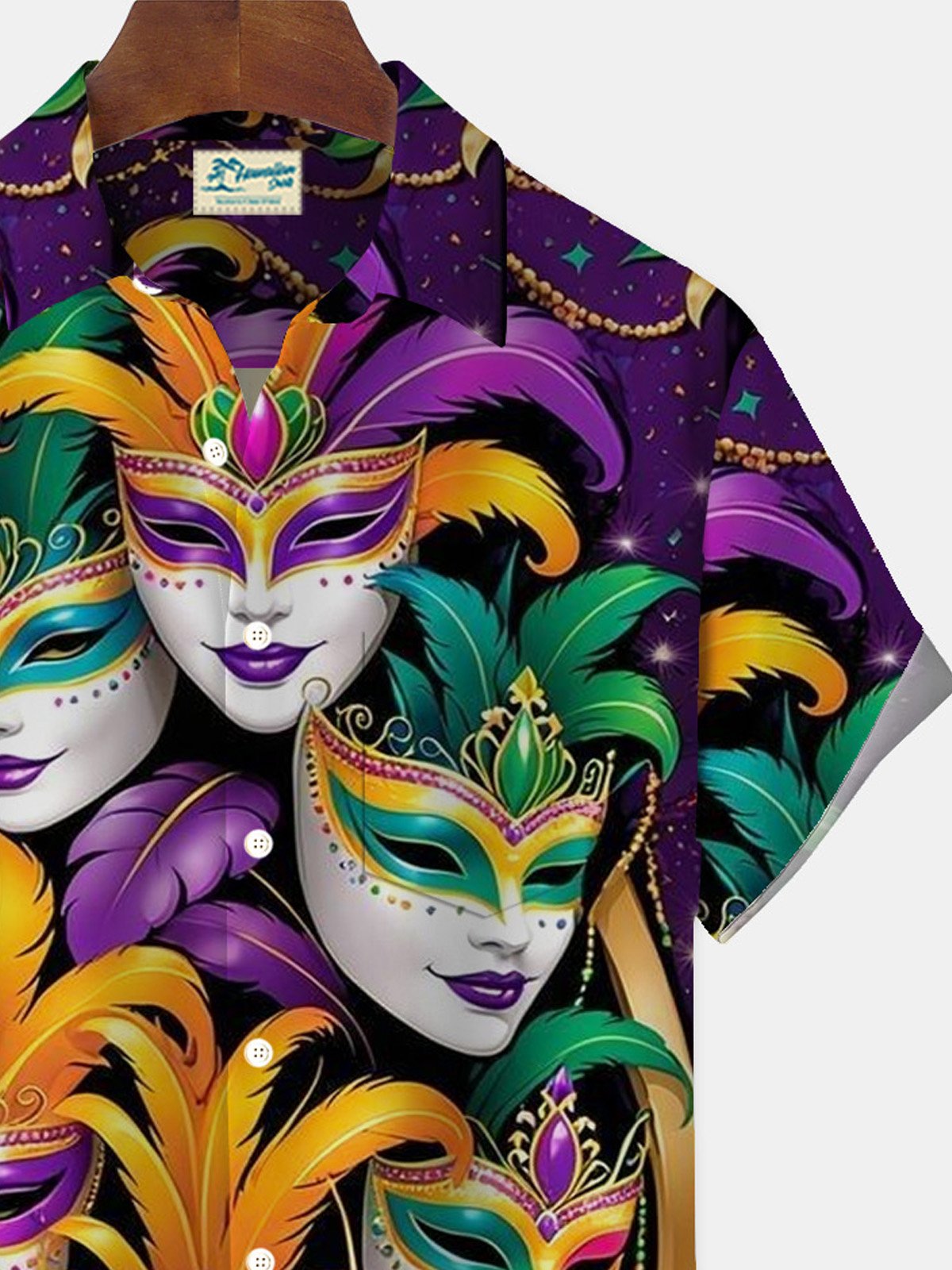 Royaura® Mardi Gras Mask Print Men's Button Pocket Short Sleeve Shirt Big & Tall