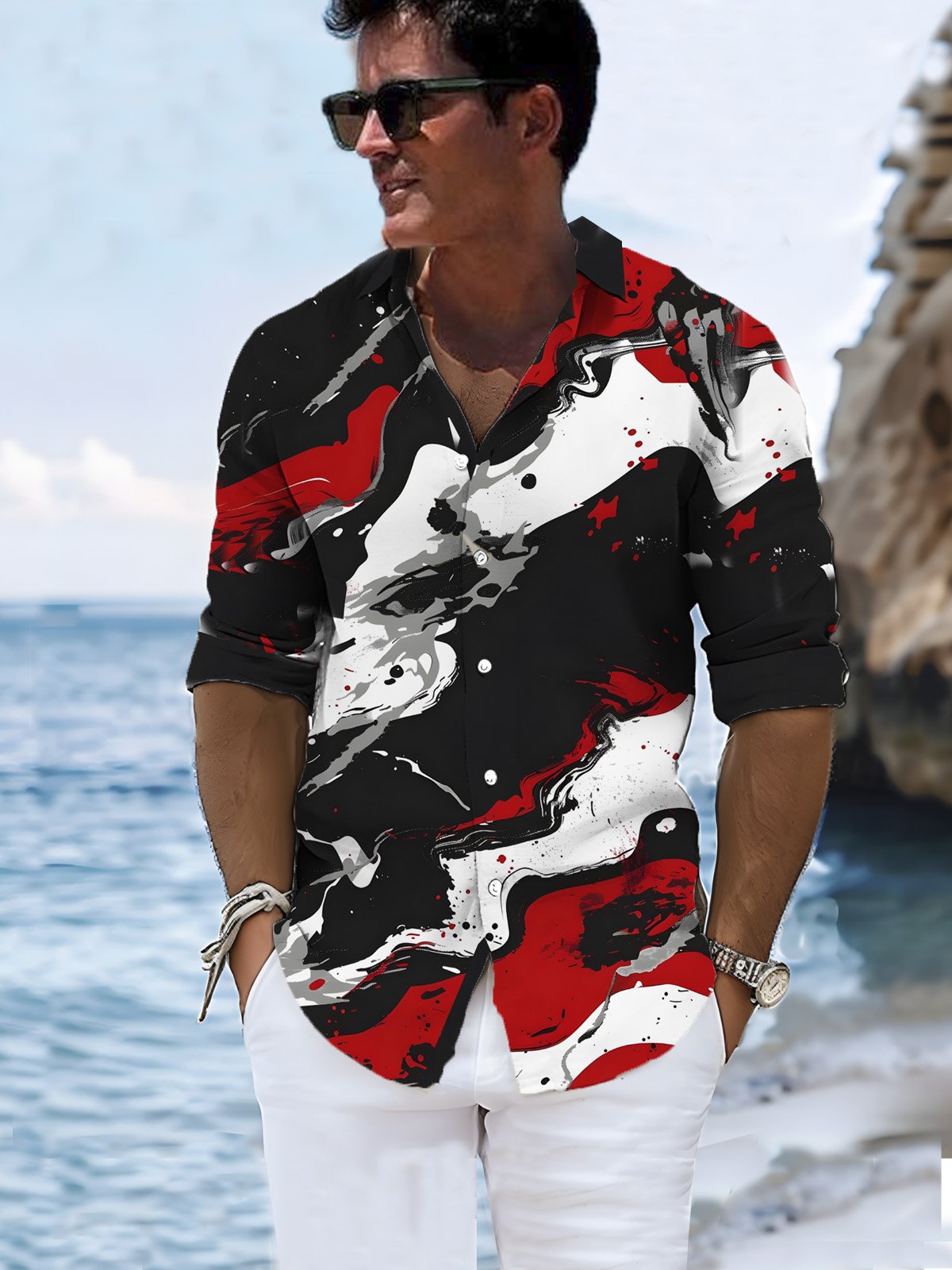 Royaura® Retro Gradient Art Abstract 3D Digital Printing Men's Button Pocket Short Sleeve Shirt Big & Tall