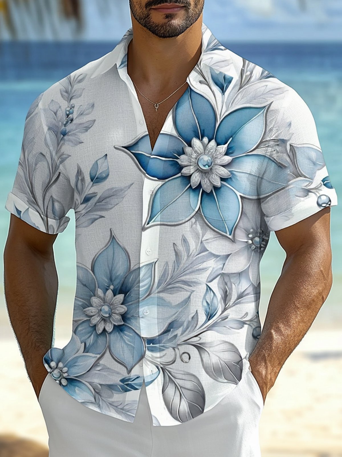 Royaura® Hawaiian Floral Gradient Cotton  Linen Print Men's Button Pocket Short Sleeve Shirt Big & Tall