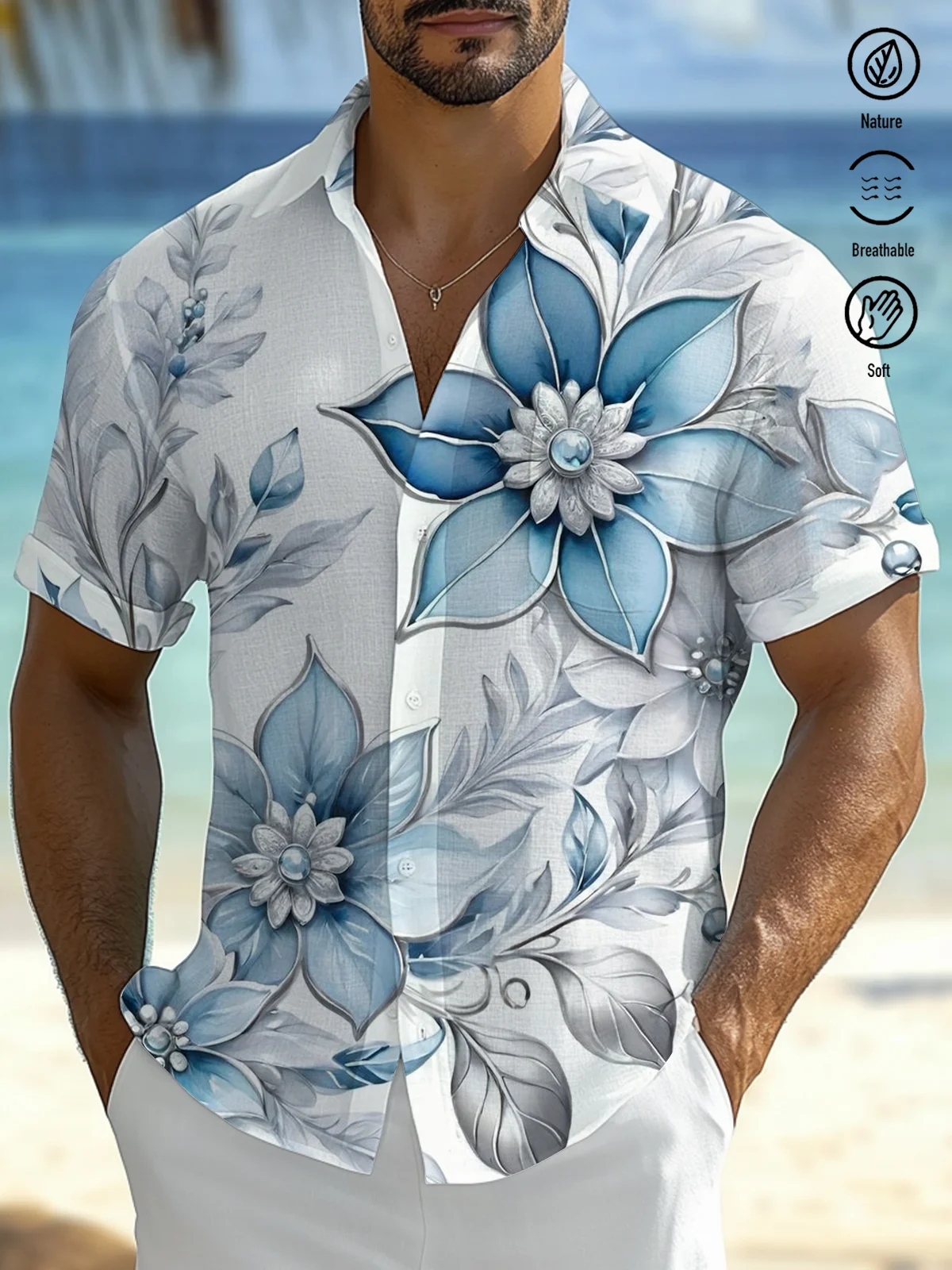 Royaura® Hawaiian Floral Gradient Cotton  Linen Print Men's Button Pocket Short Sleeve Shirt Big & Tall