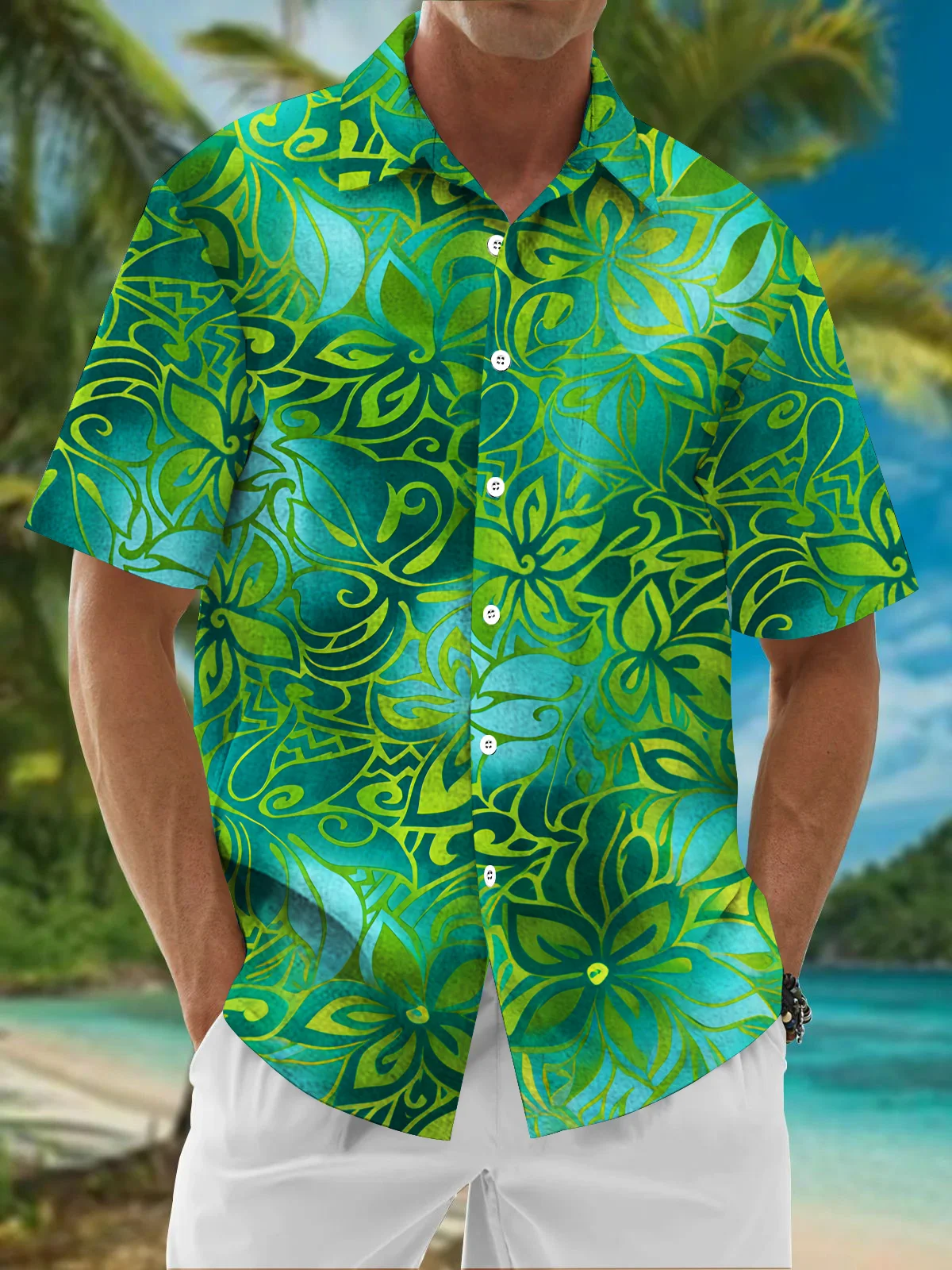 Royaura® Beach Vacation Men's Hawaiian Shirt Gradient Botanical Flower Print Pocket Camping Shirt Big Tall