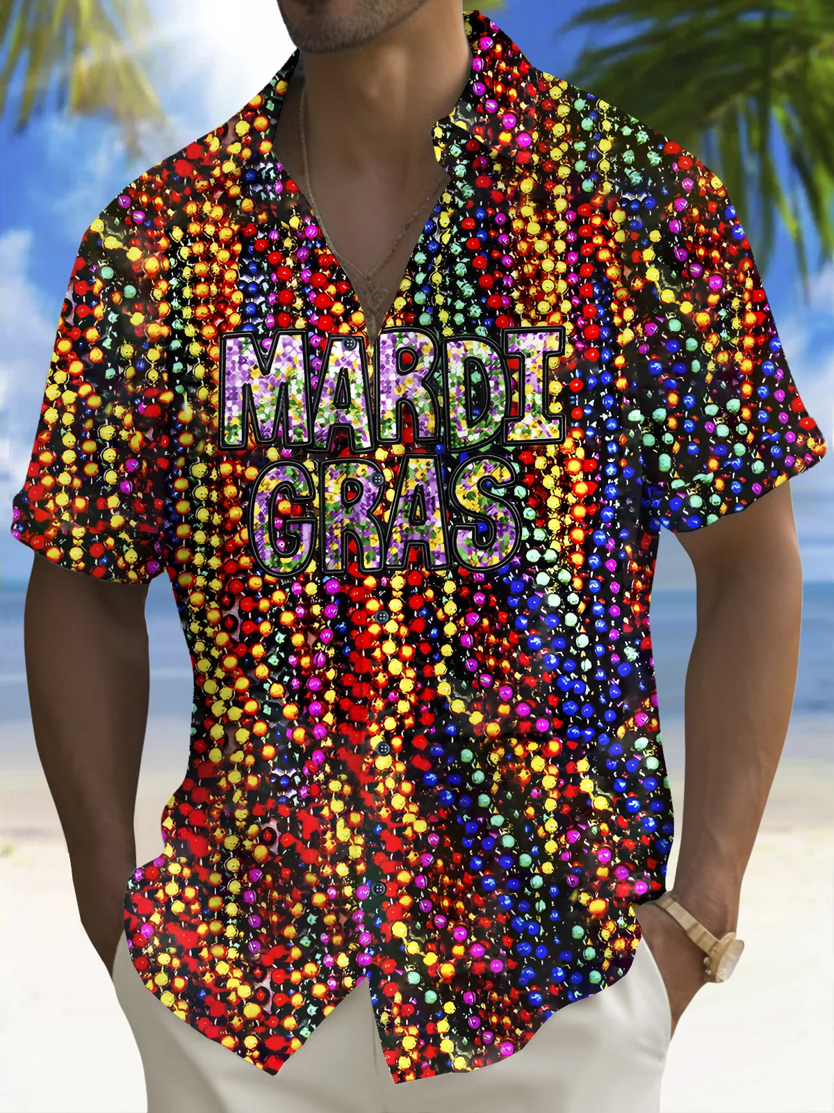 Royaura® Mardi Gras Colorful Bead Print Men's Chest Pocket Stretch Hawaiian Shirt Big Tall