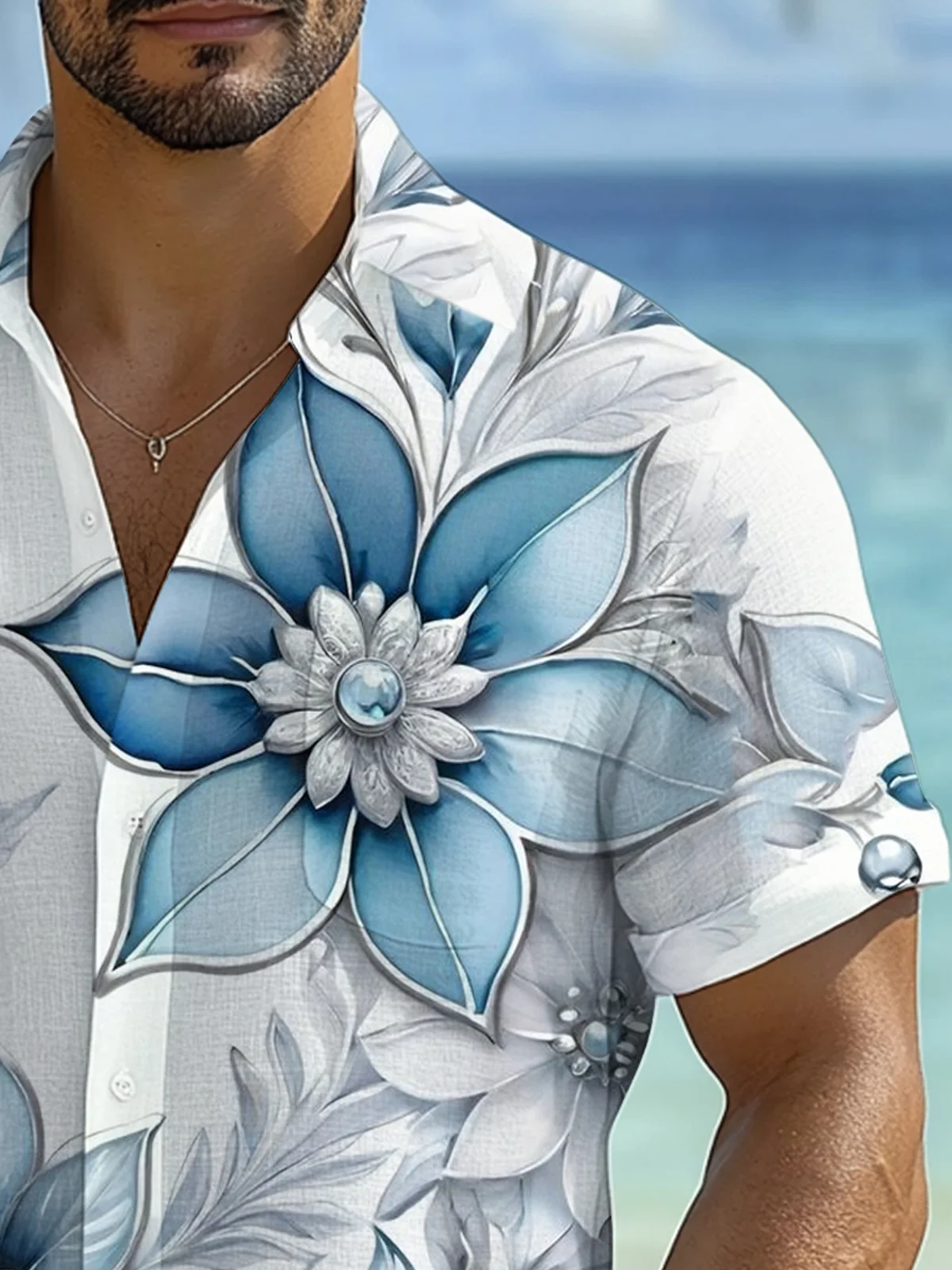 Royaura® Hawaiian Floral Gradient Cotton  Linen Print Men's Button Pocket Short Sleeve Shirt Big & Tall