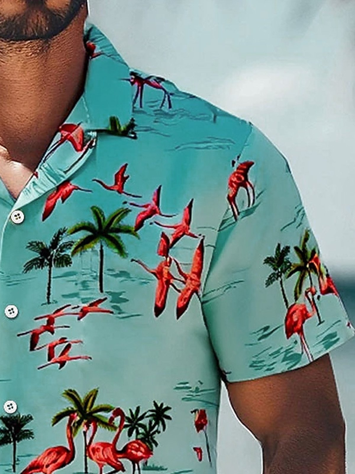 Royaura® Hawaiian Flamingo Coconut Tree Print Men's Button Pocket Short Sleeve Shirt Big & Tall