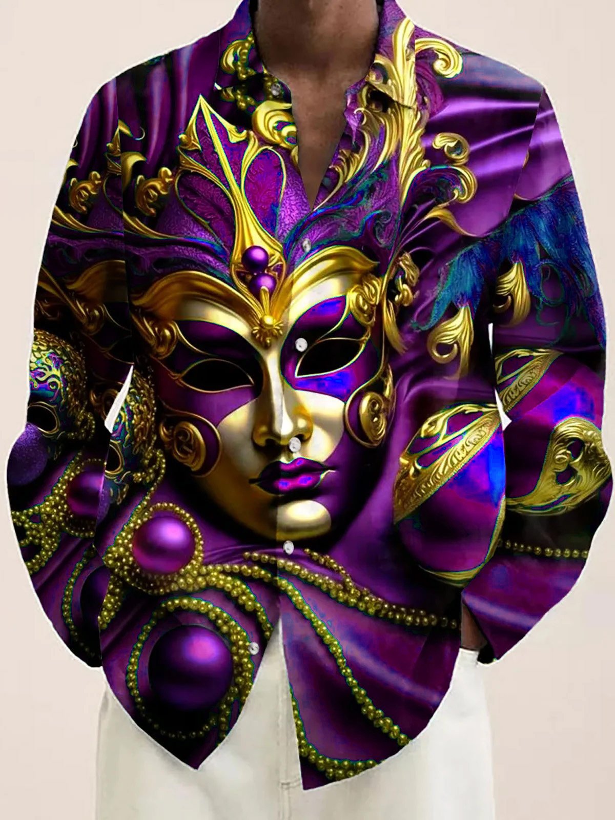 Royaura® Mardi Gras Mask Print Men's Button Pocket Long Sleeve Shirt Big & Tall