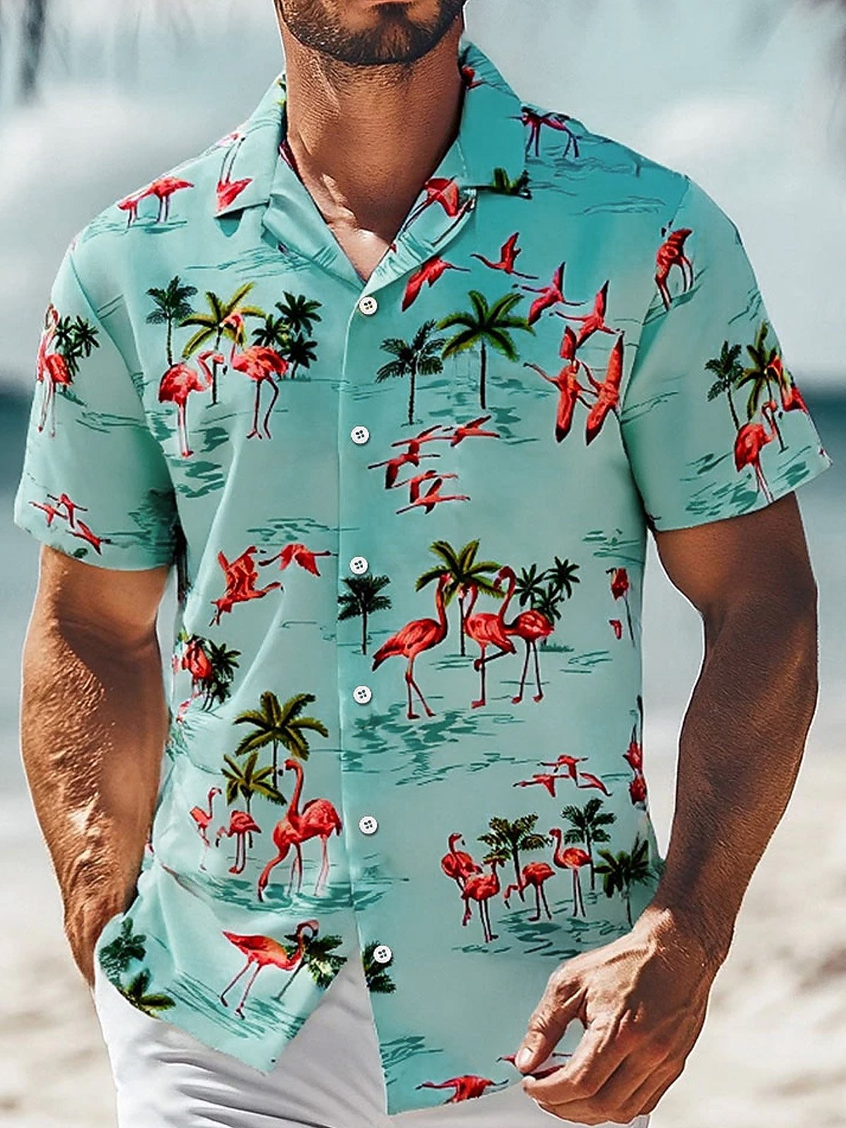 Royaura® Hawaiian Flamingo Coconut Tree Print Men's Button Pocket Short Sleeve Shirt Big & Tall