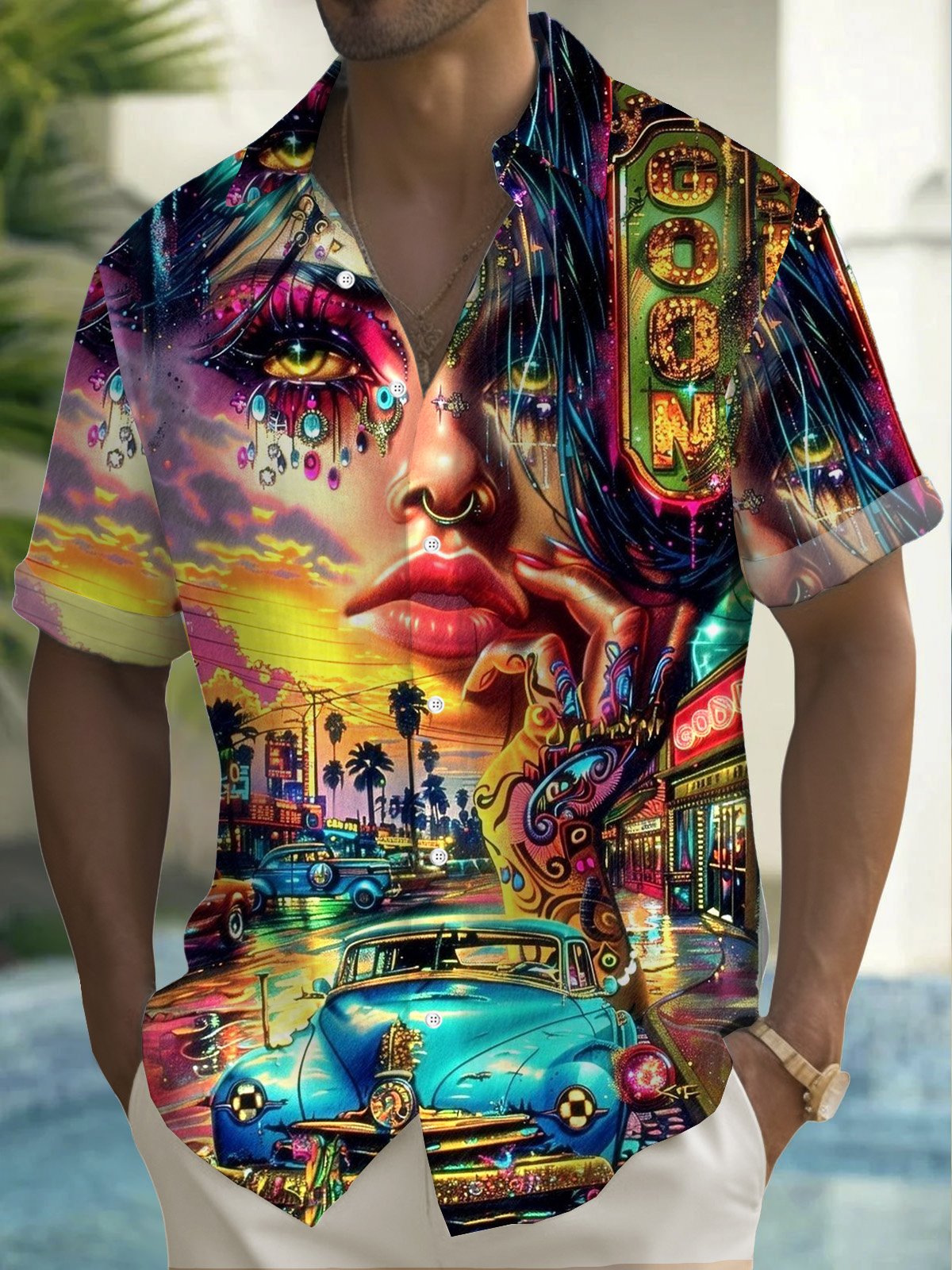 Royaura® Retro Art Abstract Painting Print Men's Button Pocket Short Sleeve Shirt Big & Tall