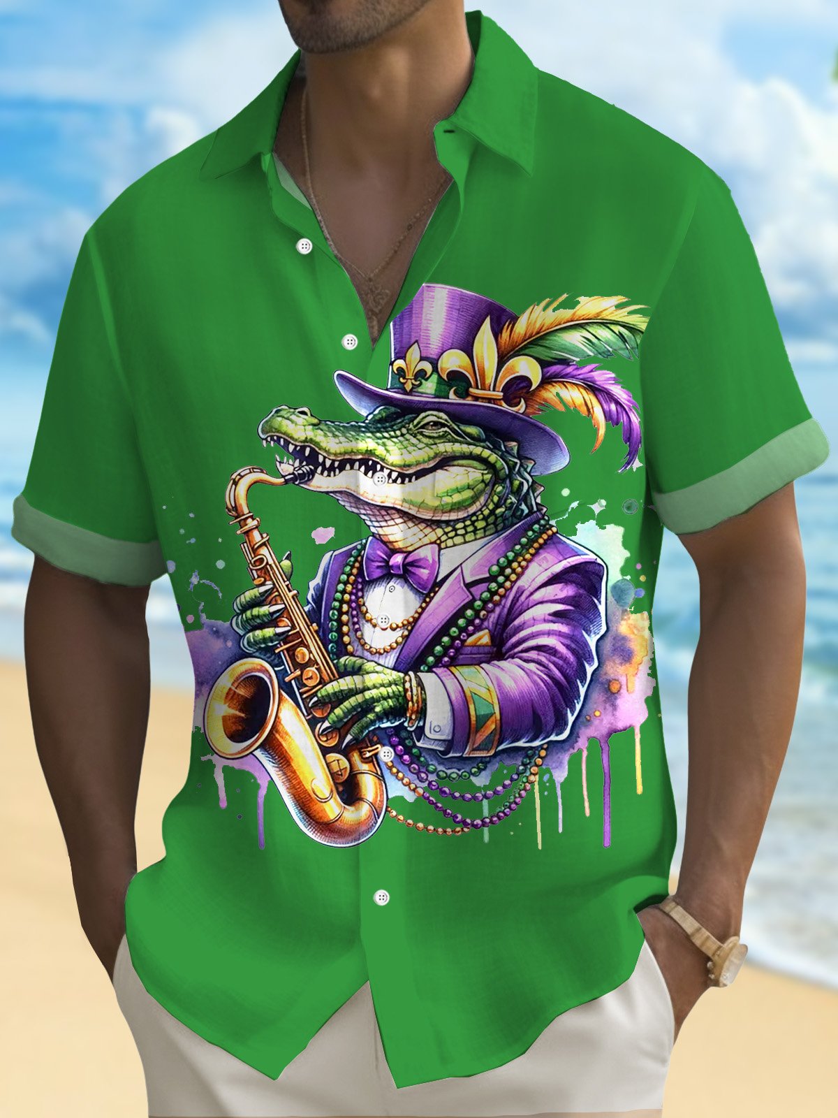 Royaura® Mardi Gras Alligator Jazz Music 3D Digital Print Men's Button Pocket Short Sleeve Shirt Big & Tall