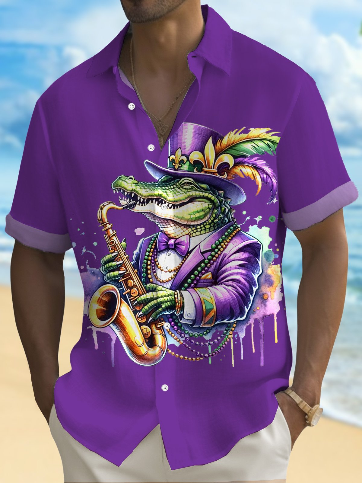 Royaura® Mardi Gras Alligator Jazz Music 3D Digital Print Men's Button Pocket Short Sleeve Shirt Big & Tall