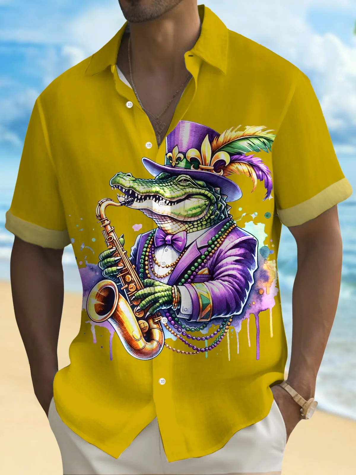 Royaura® Mardi Gras Alligator Jazz Music 3D Digital Print Men's Button Pocket Short Sleeve Shirt Big & Tall