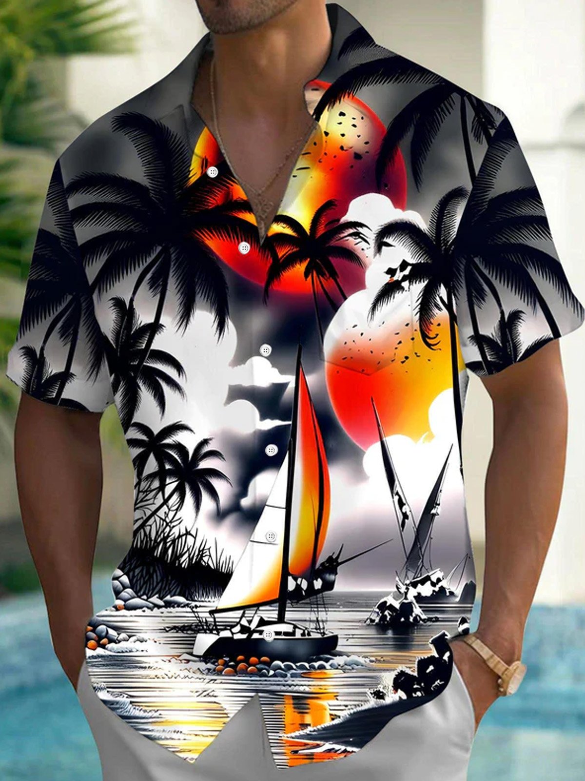 Royaura® Hawaiian Coconut Tree Print Men's Button Pocket Short Sleeve Shirt Big & Tall