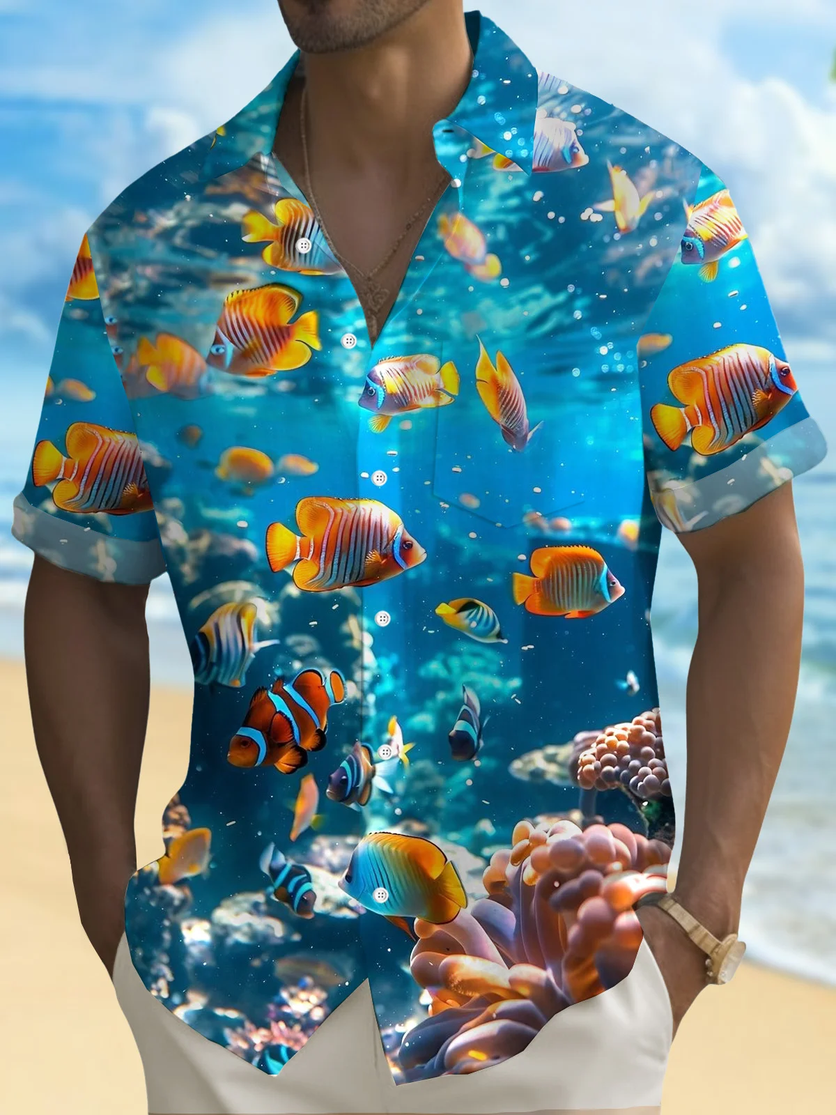 Royaura® Hawaiian Sea Life Fish Print Men's Button Pocket Short Sleeve Shirt Big & Tall