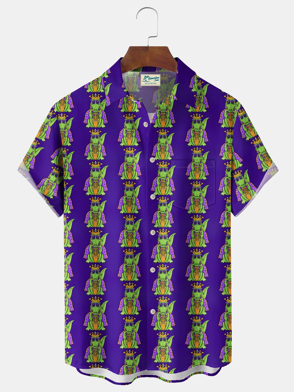 Royaura® Mardi Gras Crocodile Print Men's Chest Pocket Stretch Hawaiian Shirt Big Tall