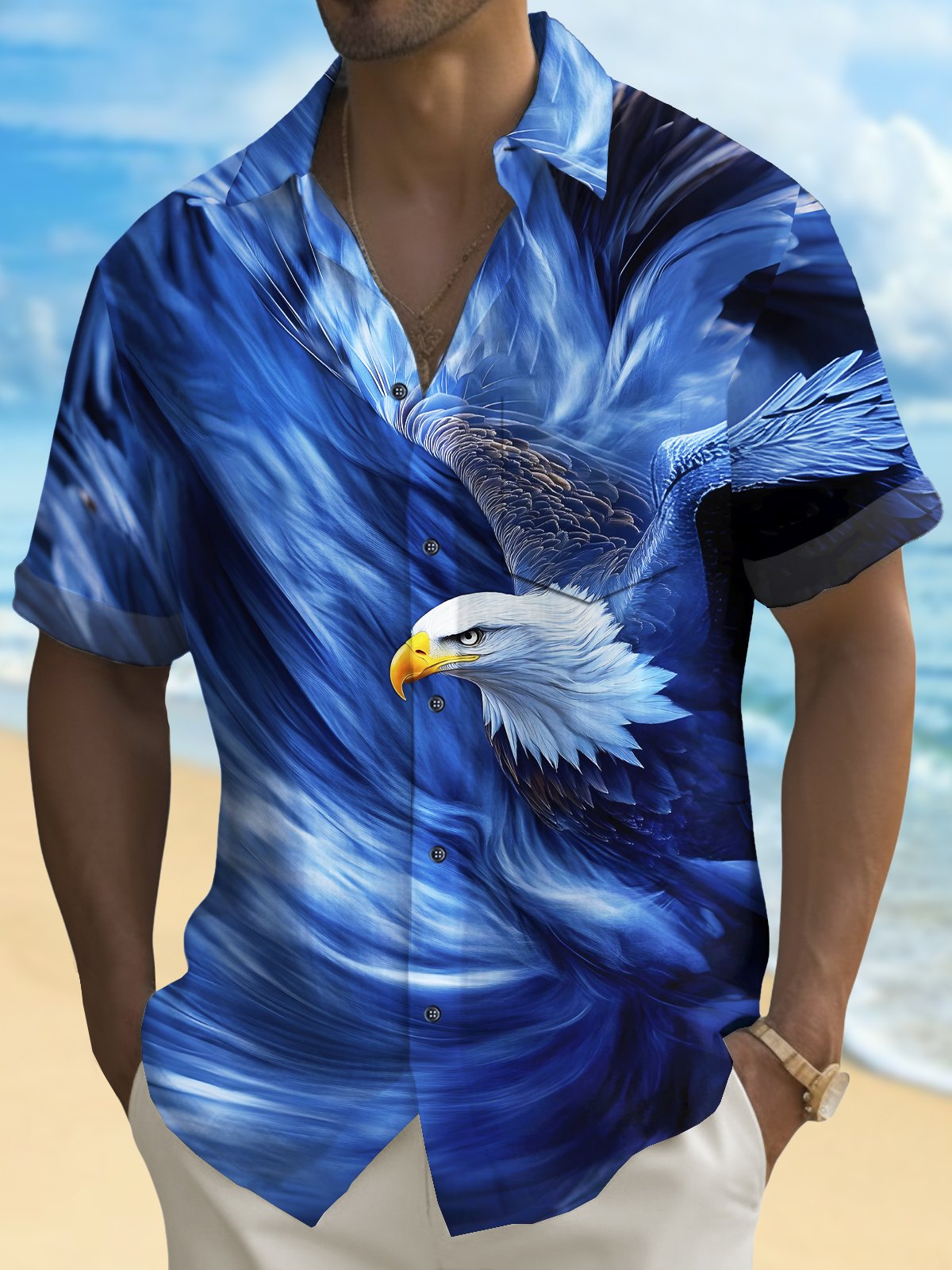 Royaura® Vintage Eagle Print Men's Chest Stretch Hawaiian Shirt Big Tall