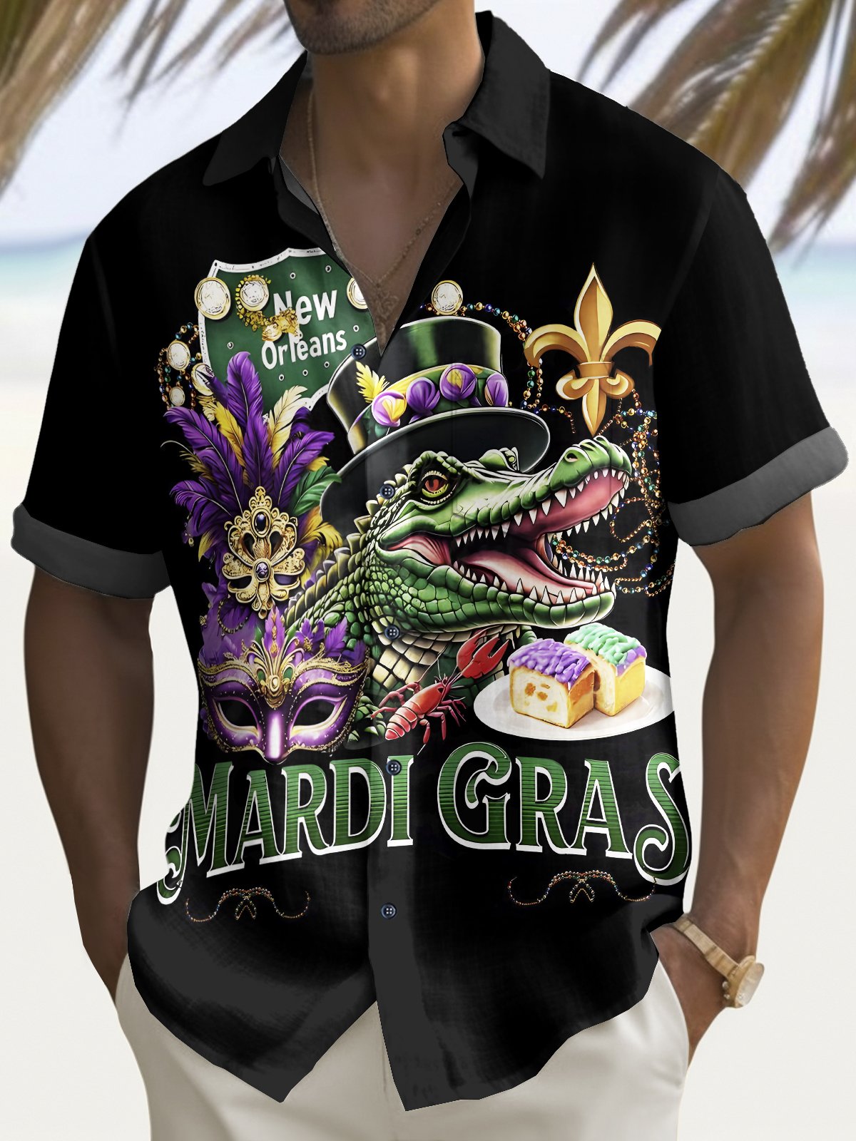 Royaura® Mardi Gras Alligator Print Men's Chest Pocket Stretch Hawaiian Shirt Big Tall