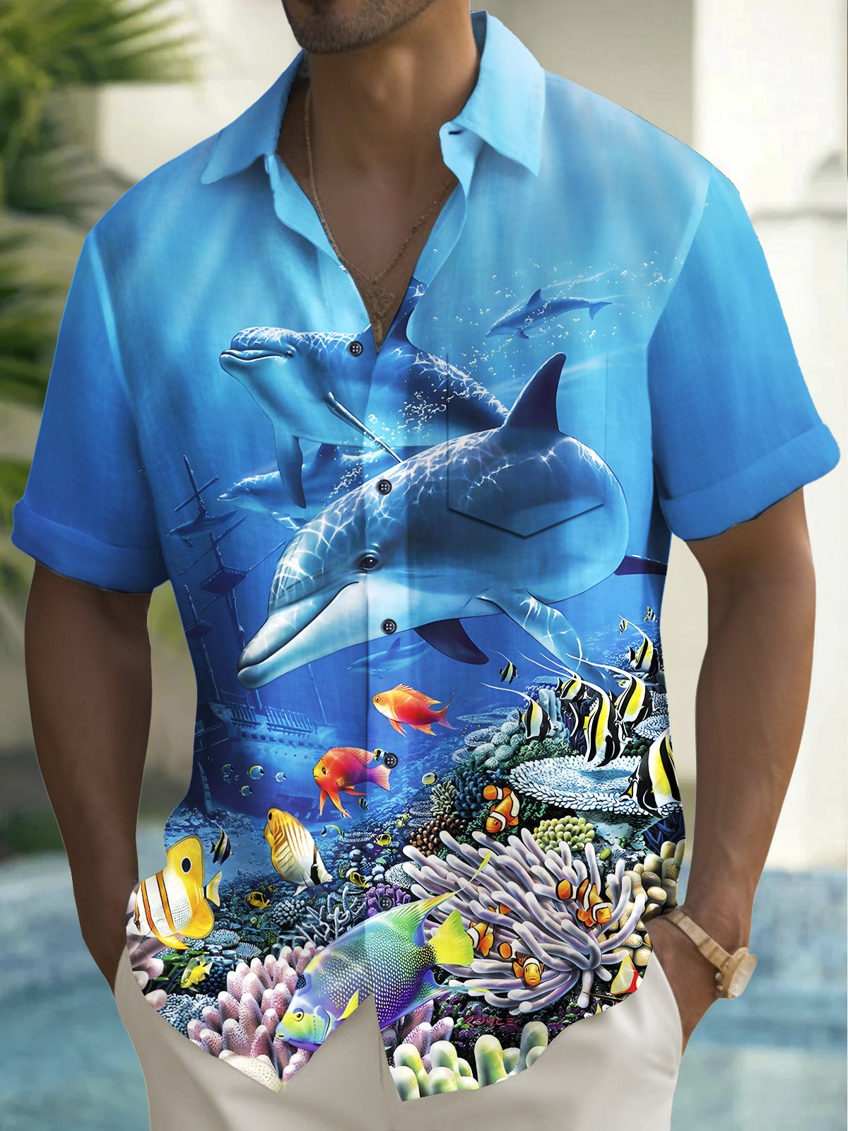 Royaura® Beach Resort Men's Hawaiian Shirt Dolphin Pocket Camping Shirts Big Tall