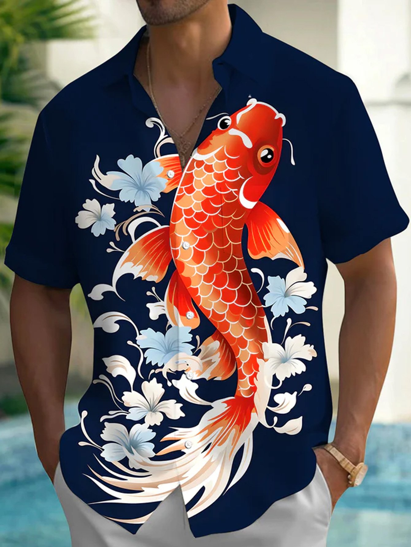 Royaura® Japanese Goldfish Ukiyoe Print Men's Button Pocket Short Sleeve Shirt Big & Tall