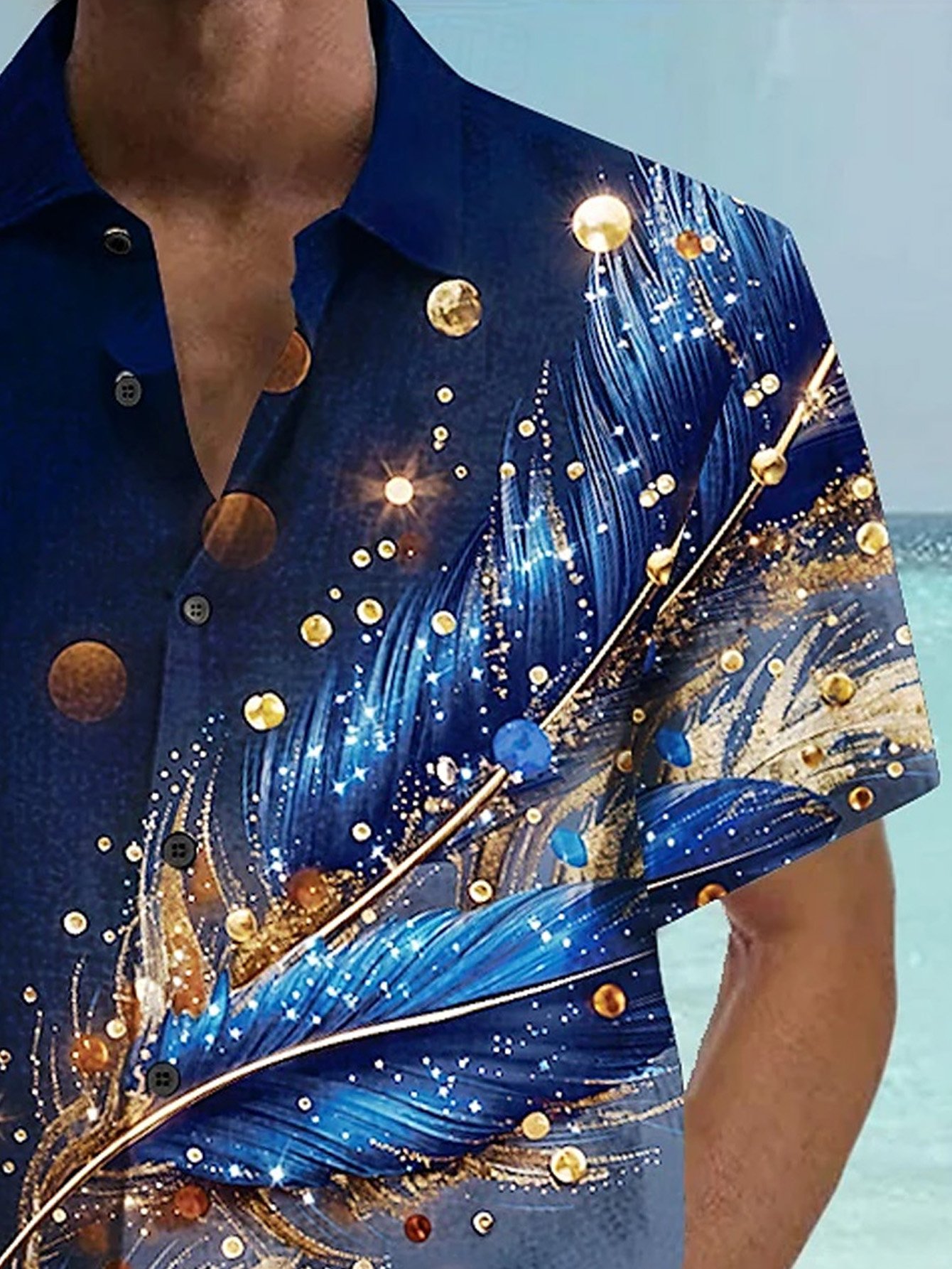 Royaura® Retro Gold Gradient Leaf Print Men's Button Pocket Short Sleeve Shirt Big & Tall