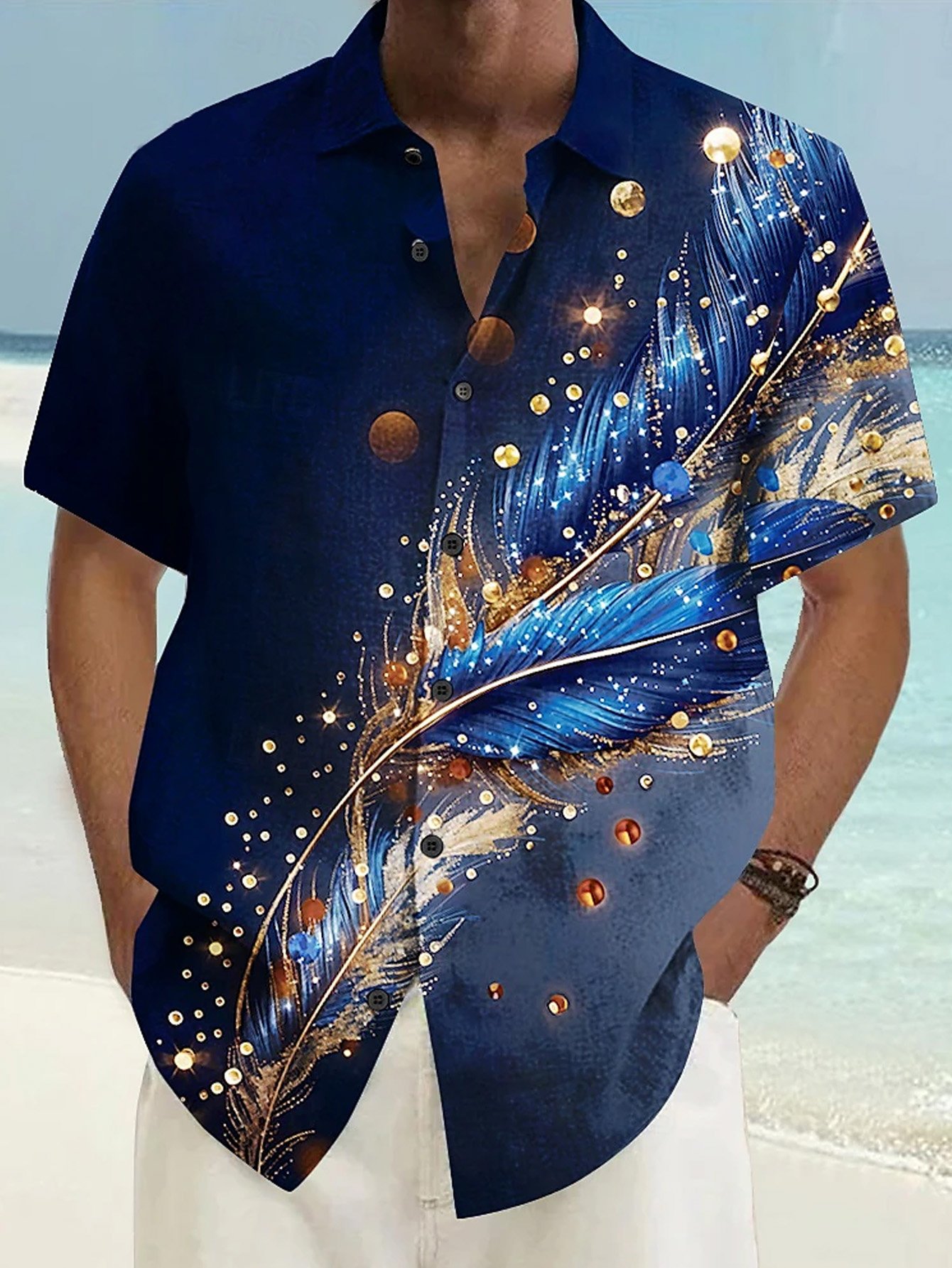 Royaura® Retro Gold Gradient Leaf Print Men's Button Pocket Short Sleeve Shirt Big & Tall