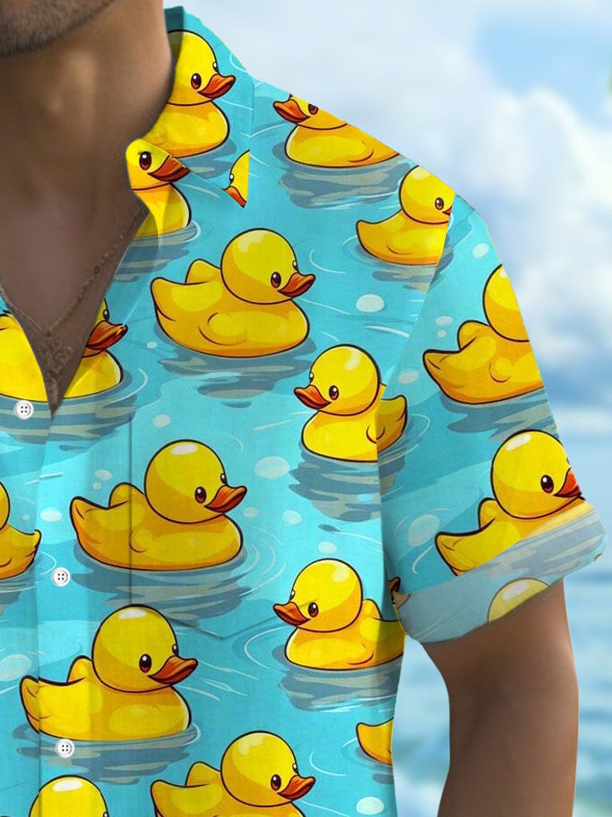 Royaura® Hawaiian Duck Cartoon Print Men's Button Pocket Short Sleeve Shirt Big & Tall