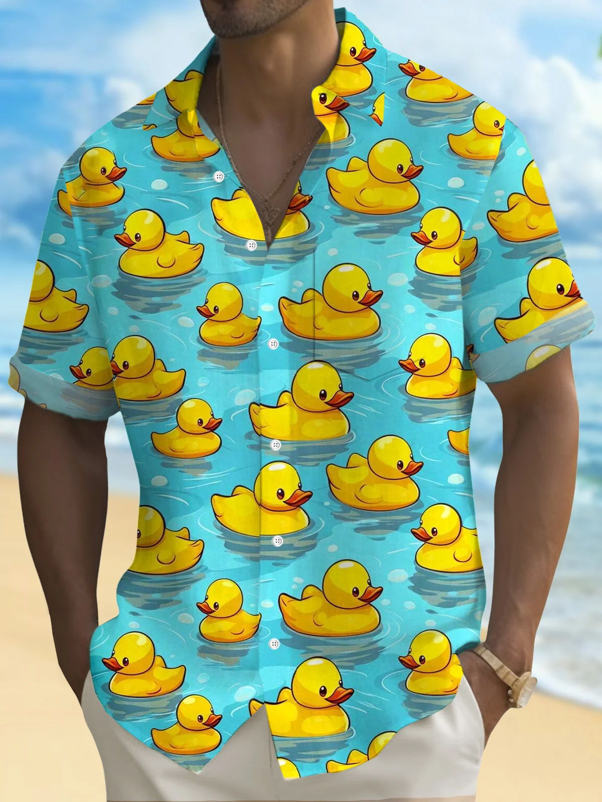 Royaura® Hawaiian Duck Cartoon Print Men's Button Pocket Short Sleeve Shirt Big & Tall