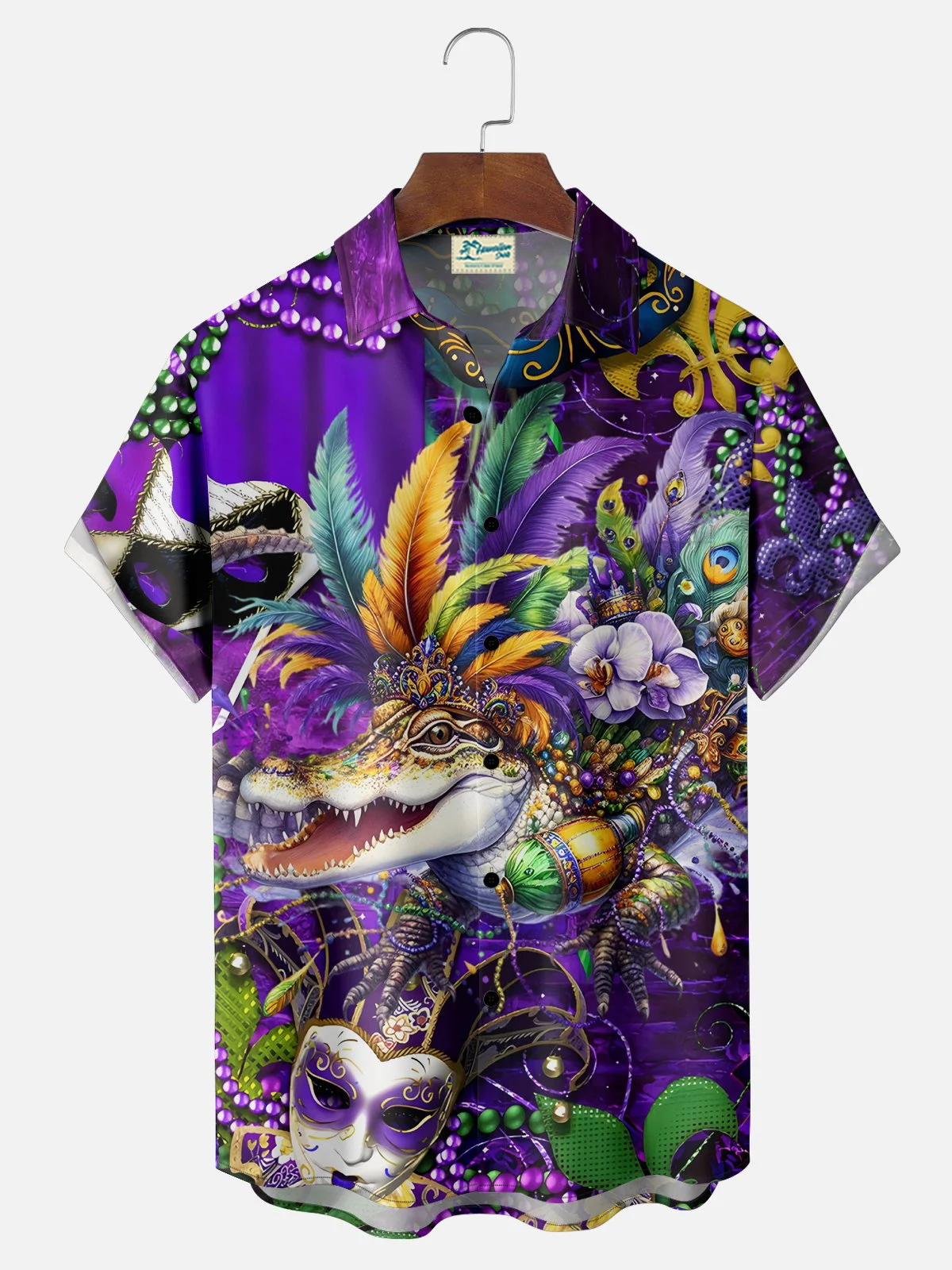 Royaura® Mardi Gras Crocodile Print Men's Chest Pocket Stretch Hawaiian Shirt Big Tall