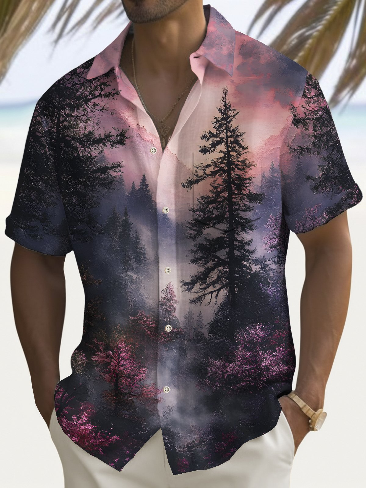 Royaura® Beach Resort Men's Hawaiian Shirt Plant Forest Print Pocket Camping Shirt Big Tall