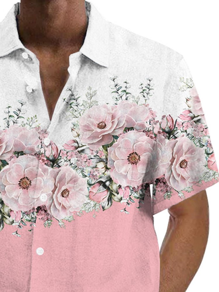 Royaura® Hawaiian Gradient Floral Print Men's Button Pocket Short Sleeve Shirt Big & Tall