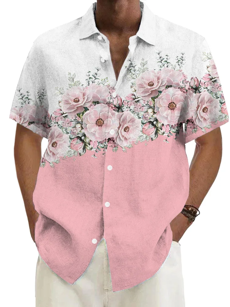 Royaura® Hawaiian Gradient Floral Print Men's Button Pocket Short Sleeve Shirt Big & Tall