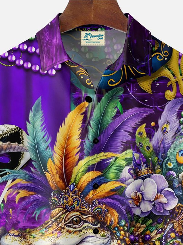 Royaura® Mardi Gras Crocodile Print Men's Chest Pocket Stretch Hawaiian Shirt Big Tall