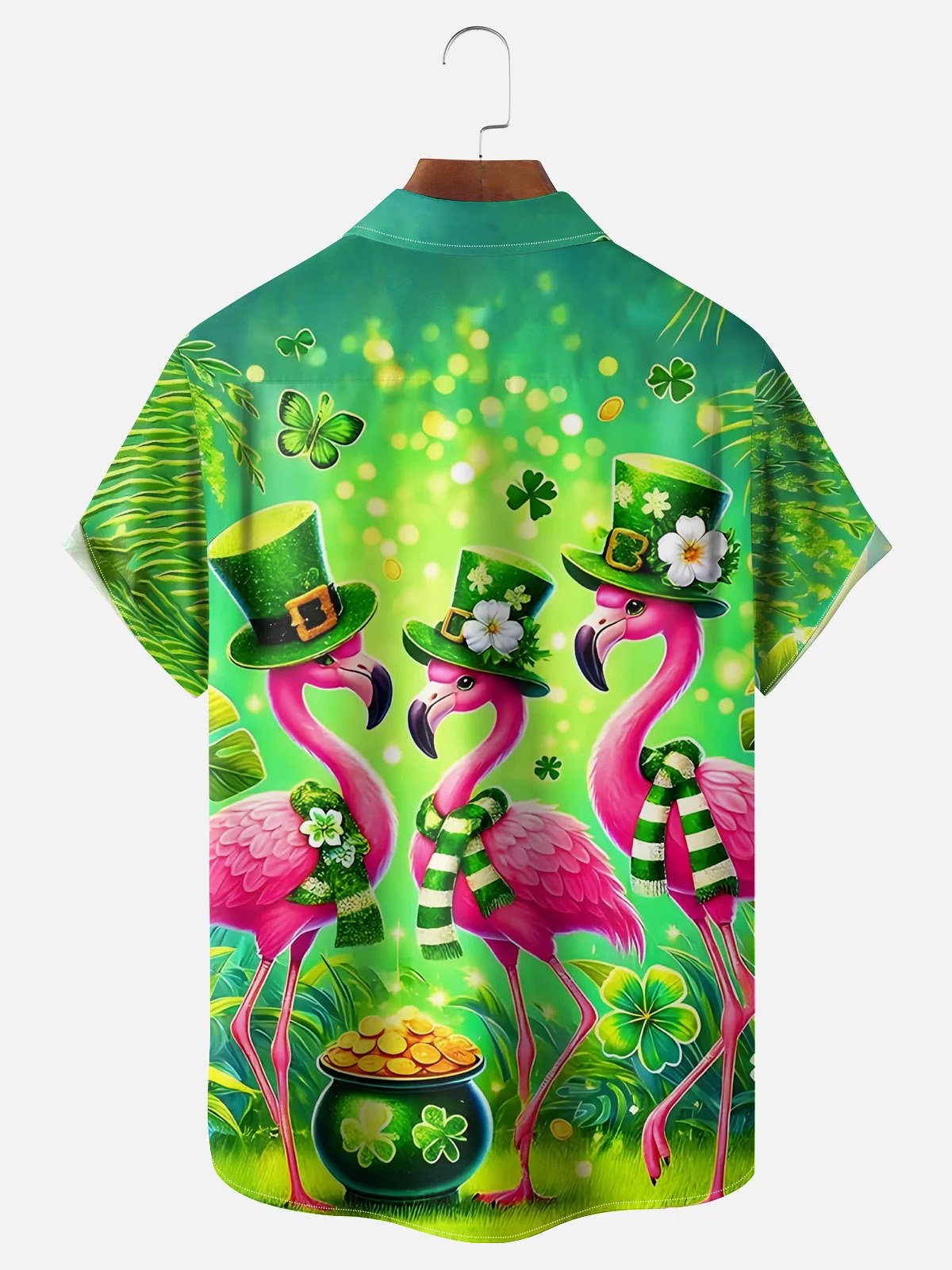 Royaura® St. Patrick's Day Flamingo Print Men's Button Pocket Short Sleeve Shirt Big & Tall