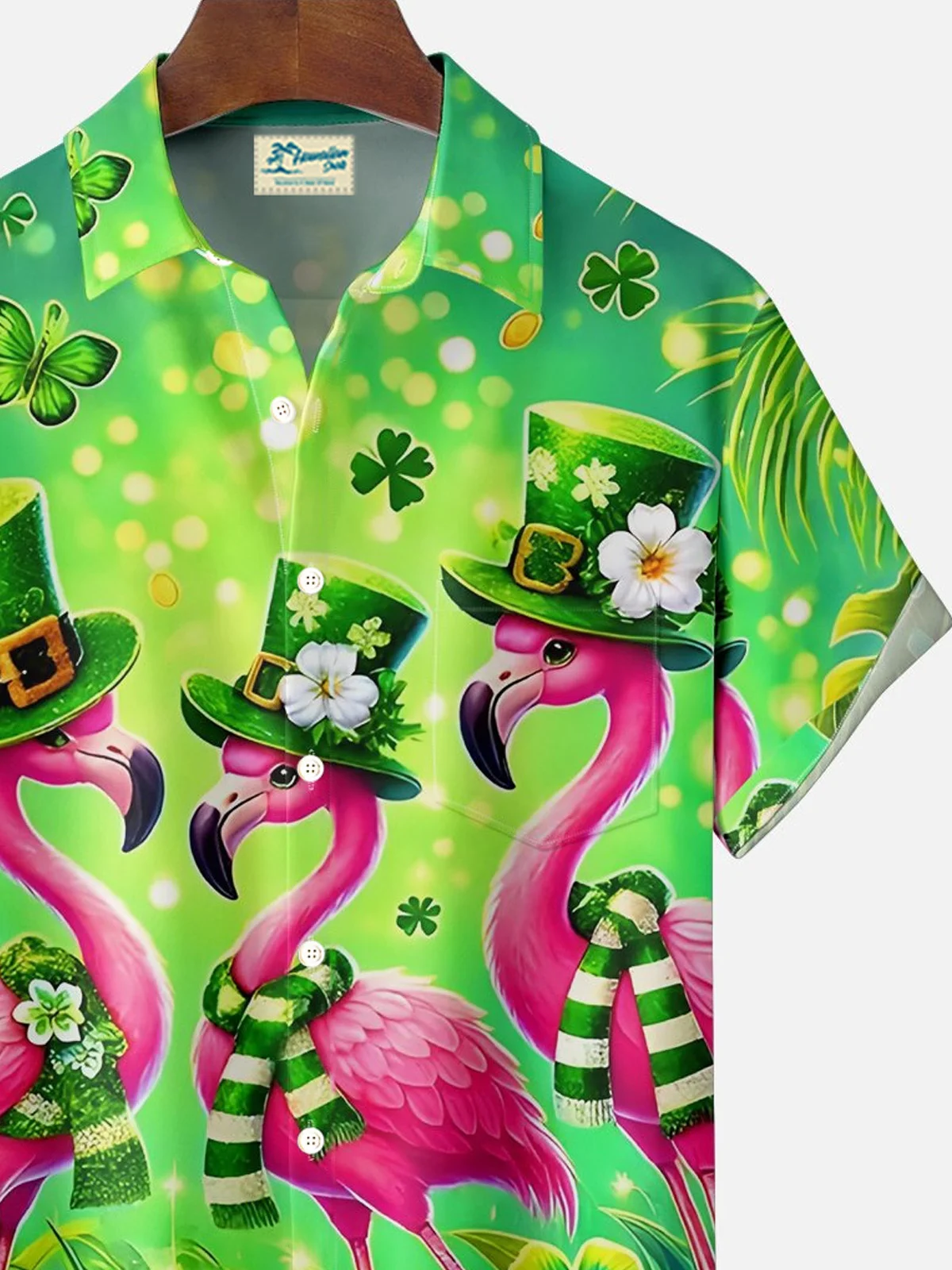 Royaura® St. Patrick's Day Flamingo Print Men's Button Pocket Short Sleeve Shirt Big & Tall