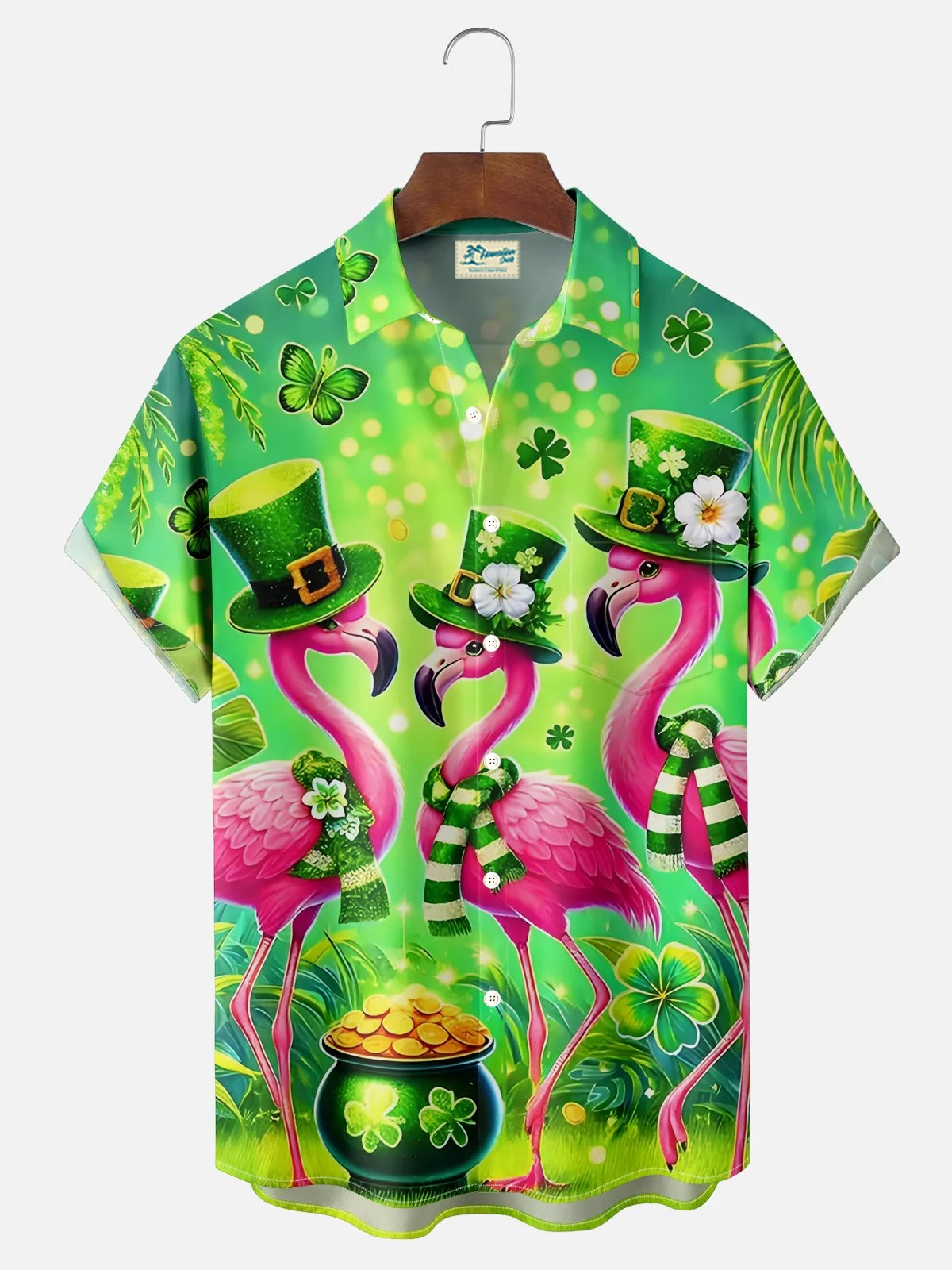 Royaura® St. Patrick's Day Flamingo Print Men's Button Pocket Short Sleeve Shirt Big & Tall