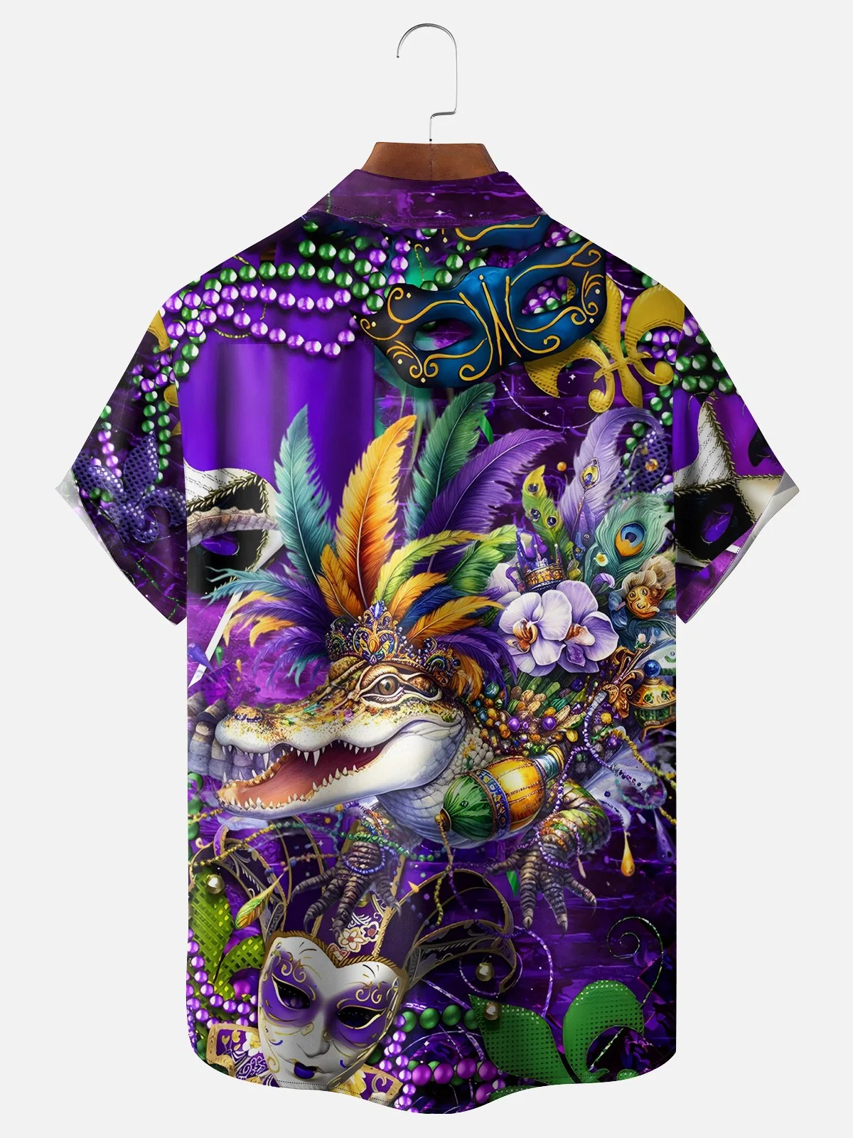 Royaura® Mardi Gras Crocodile Print Men's Chest Pocket Stretch Hawaiian Shirt Big Tall