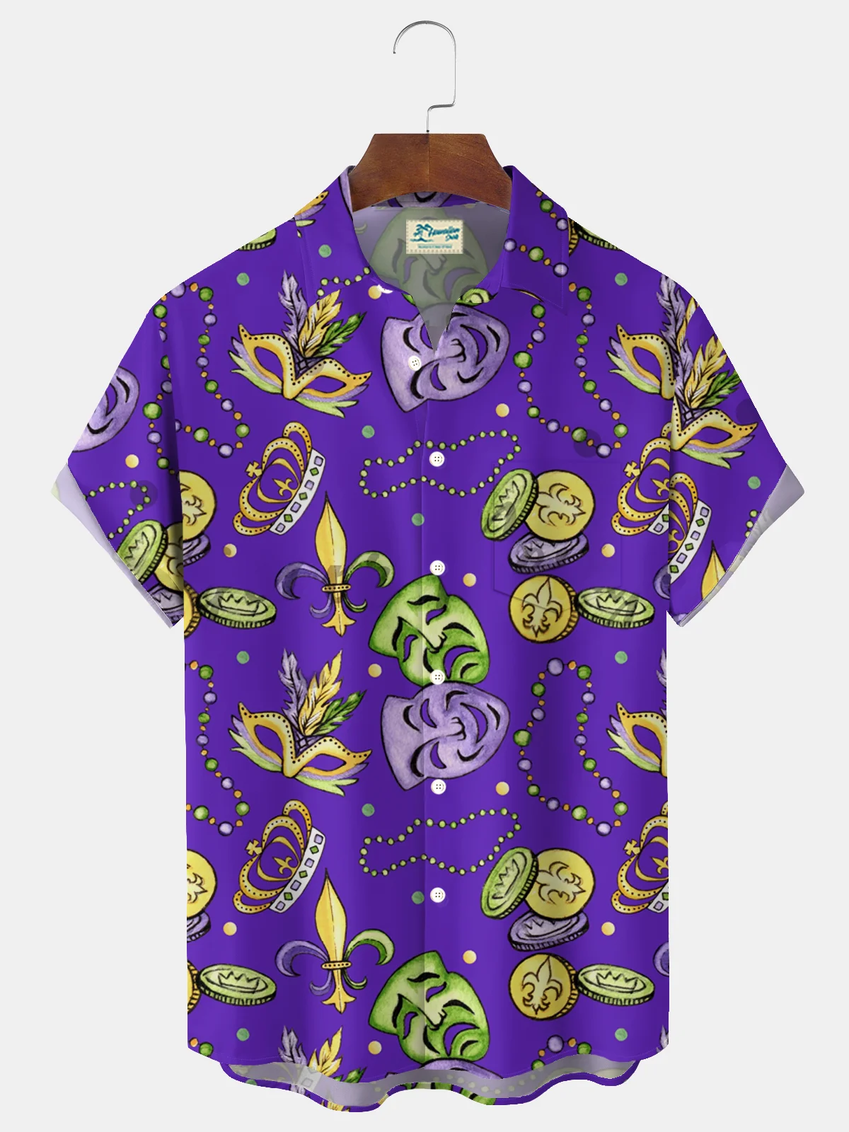 Royaura® Mardi Gras Mask Beads Print Mens Button Pocket Short Sleeve Shirt Big & Tall