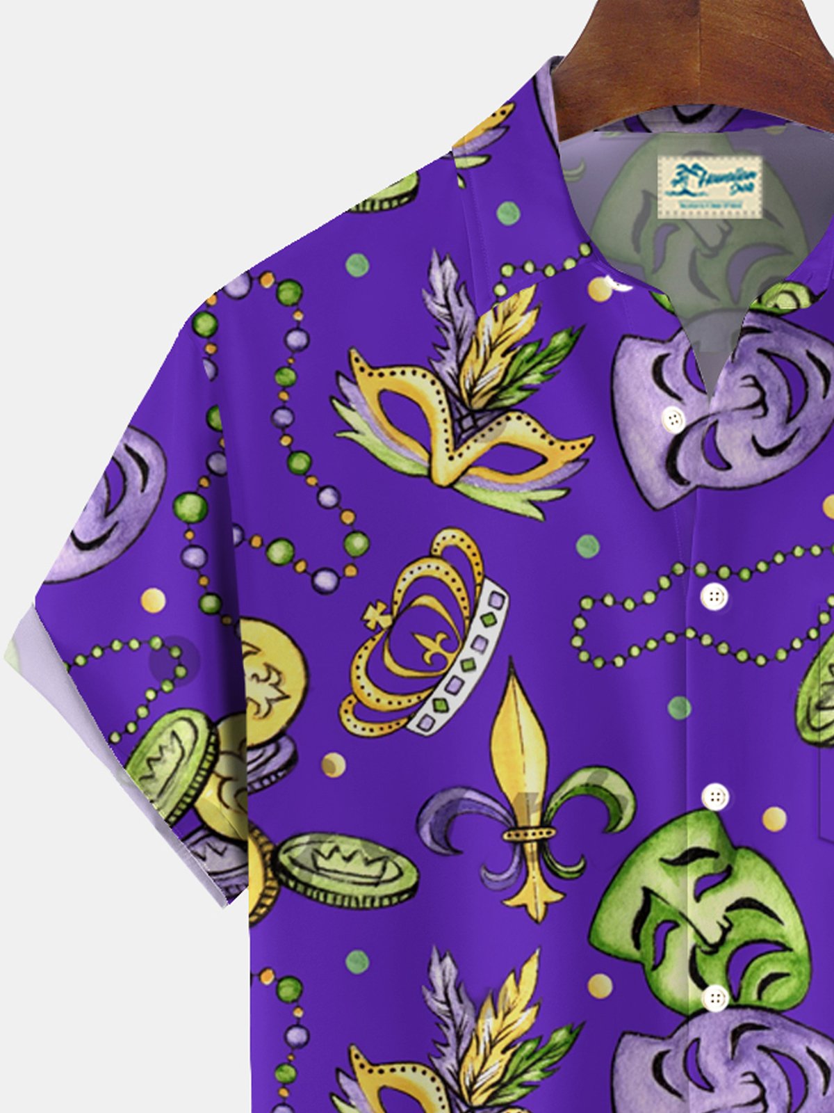 Royaura® Mardi Gras Mask Beads Print Mens Button Pocket Short Sleeve Shirt Big & Tall