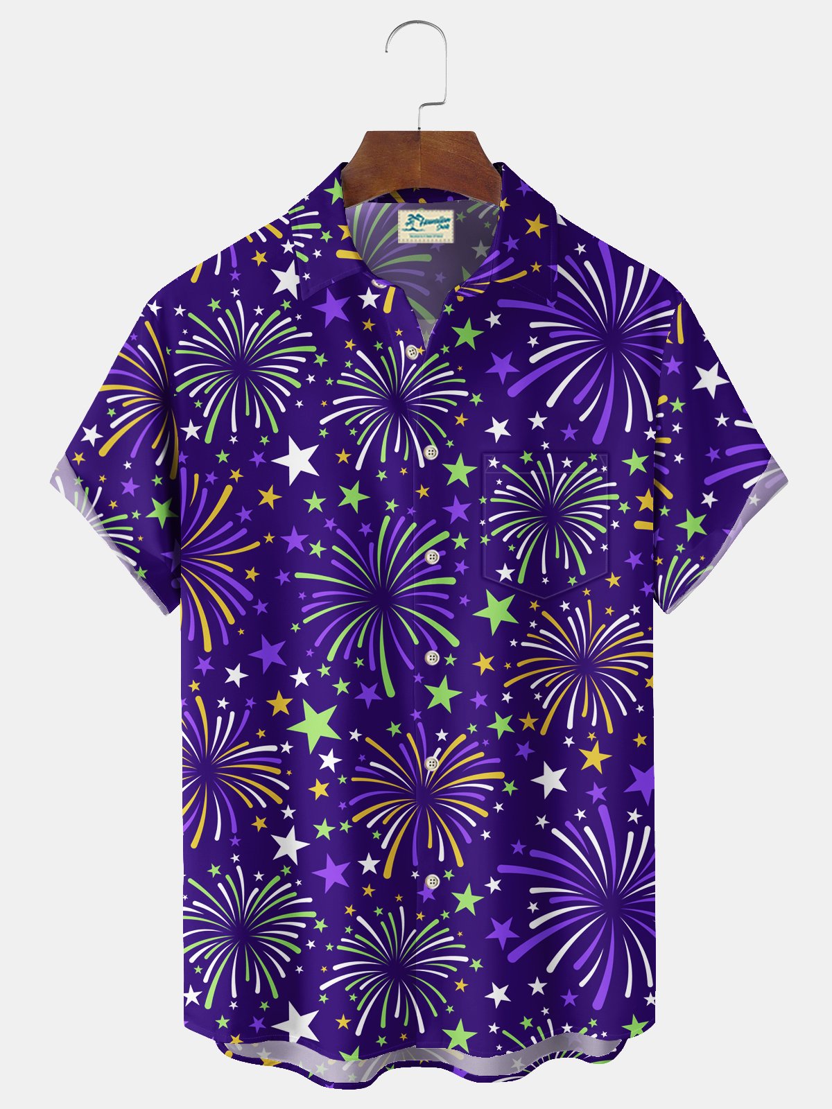 Royaura® Mardi Gras Fireworks Print Men's Chest Pocket Stretch Hawaiian Shirt Big Tall