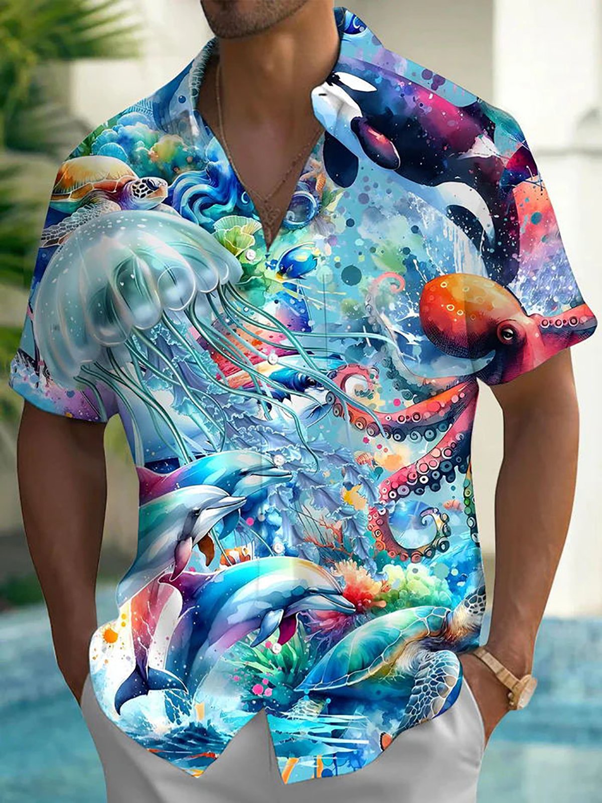 Royaura® Beach Resort Men's Hawaiian Shirt Marine Animals Print Pocket Camping Shirt Big Tall