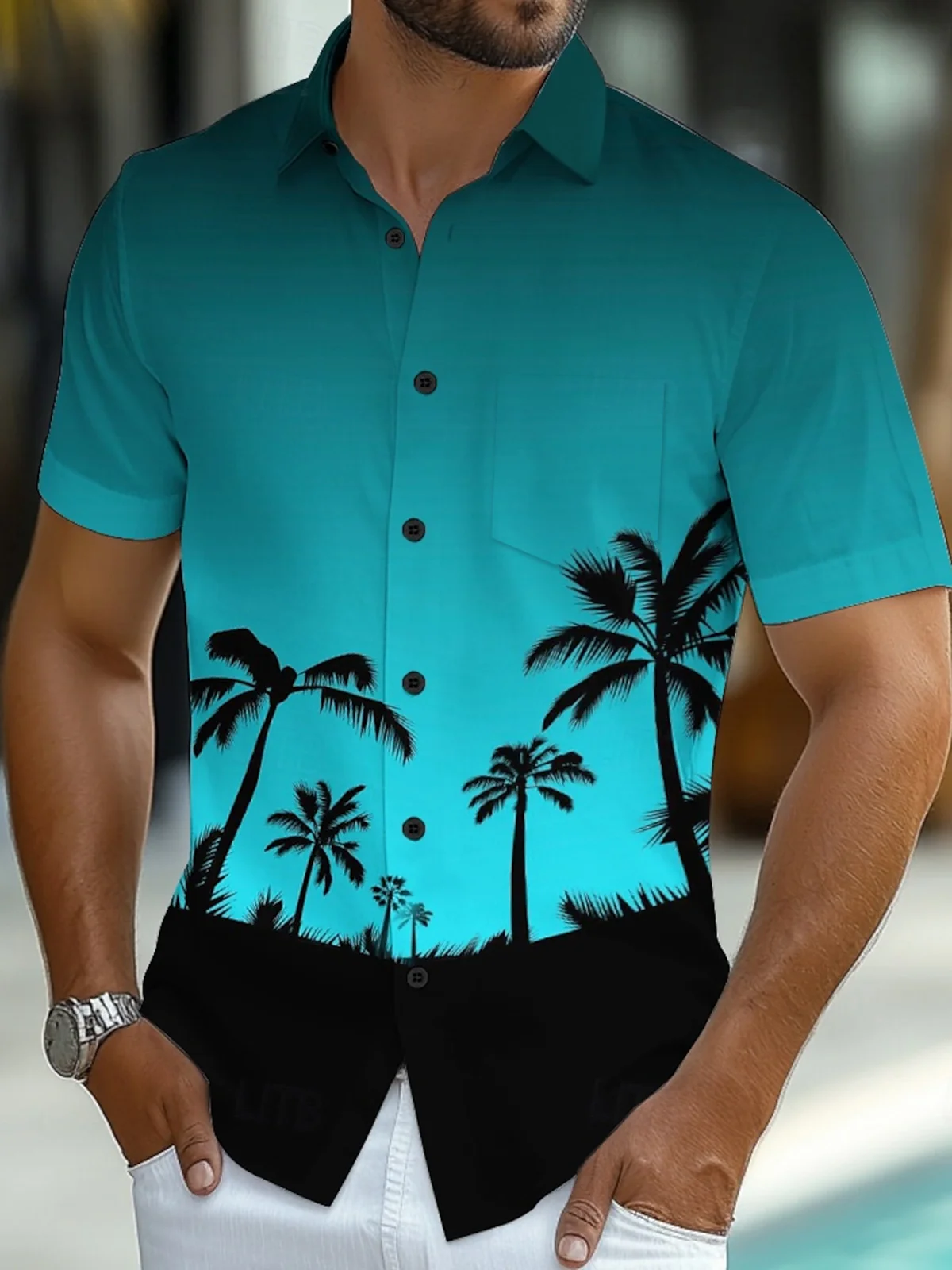 Royaura® Beach Resort Men's Hawaiian Shirt Coconut Tree Gradient Print Pocket Camping Shirt Big Tall